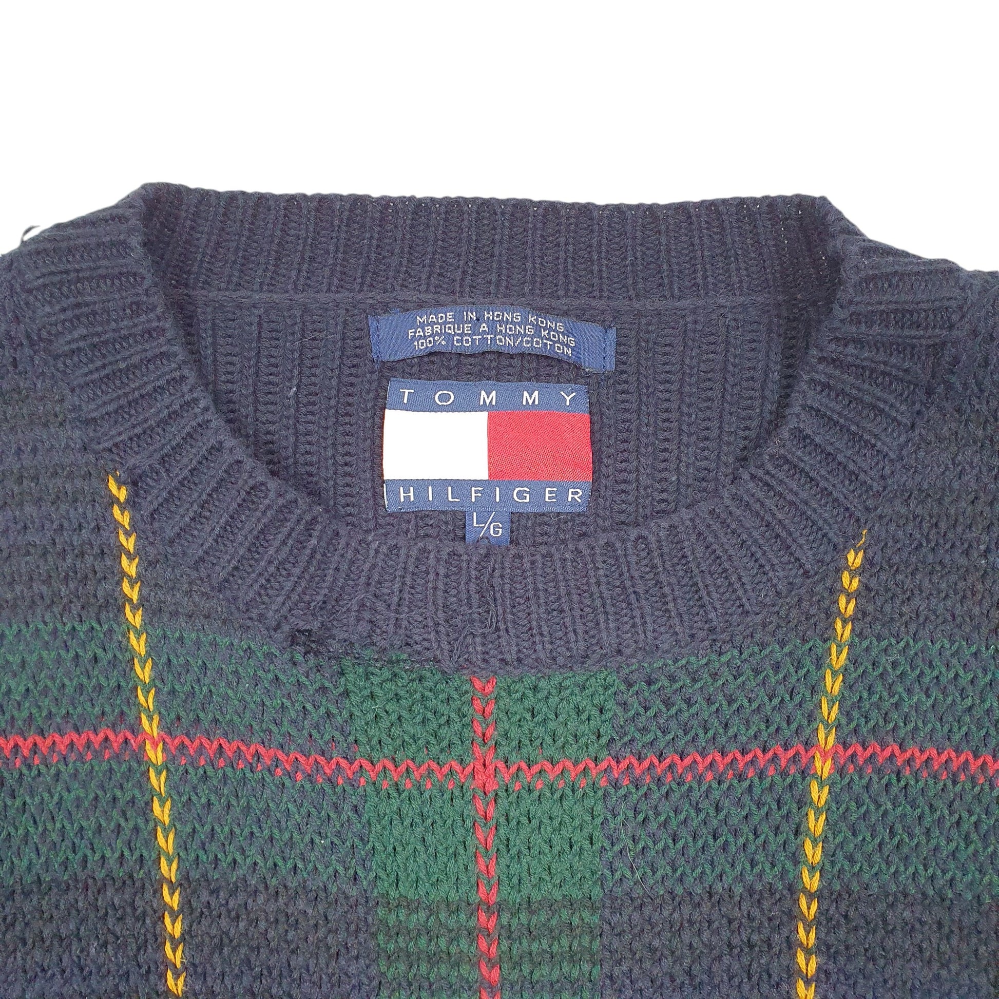 Mens Navy Tommy Hilfiger Vintage Knit Tartan 90s Sweater Crewneck Jumper
