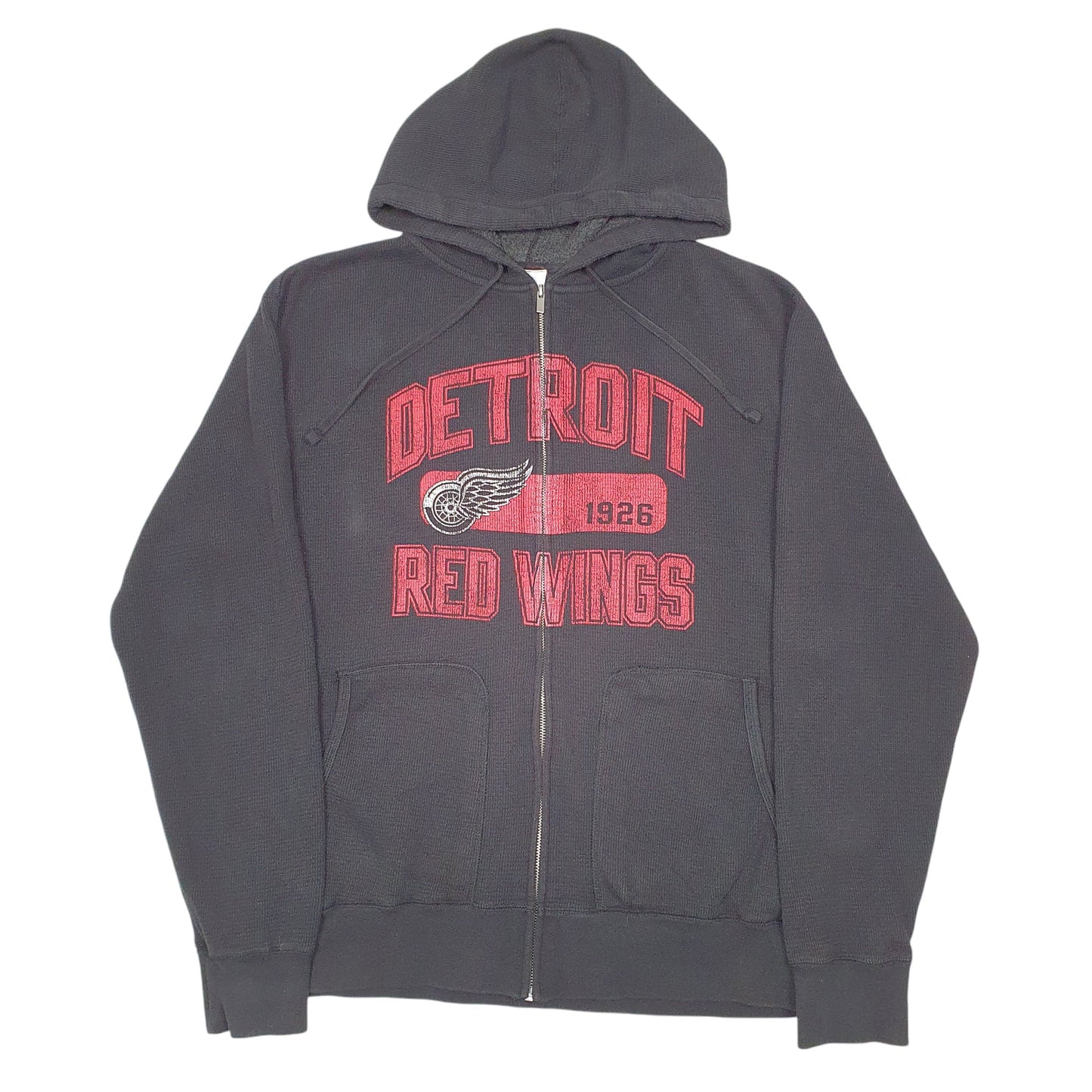 Mens Black NHL Hoodie Detroit Redwings Hockey Waffle Spellout Full Zip Jumper