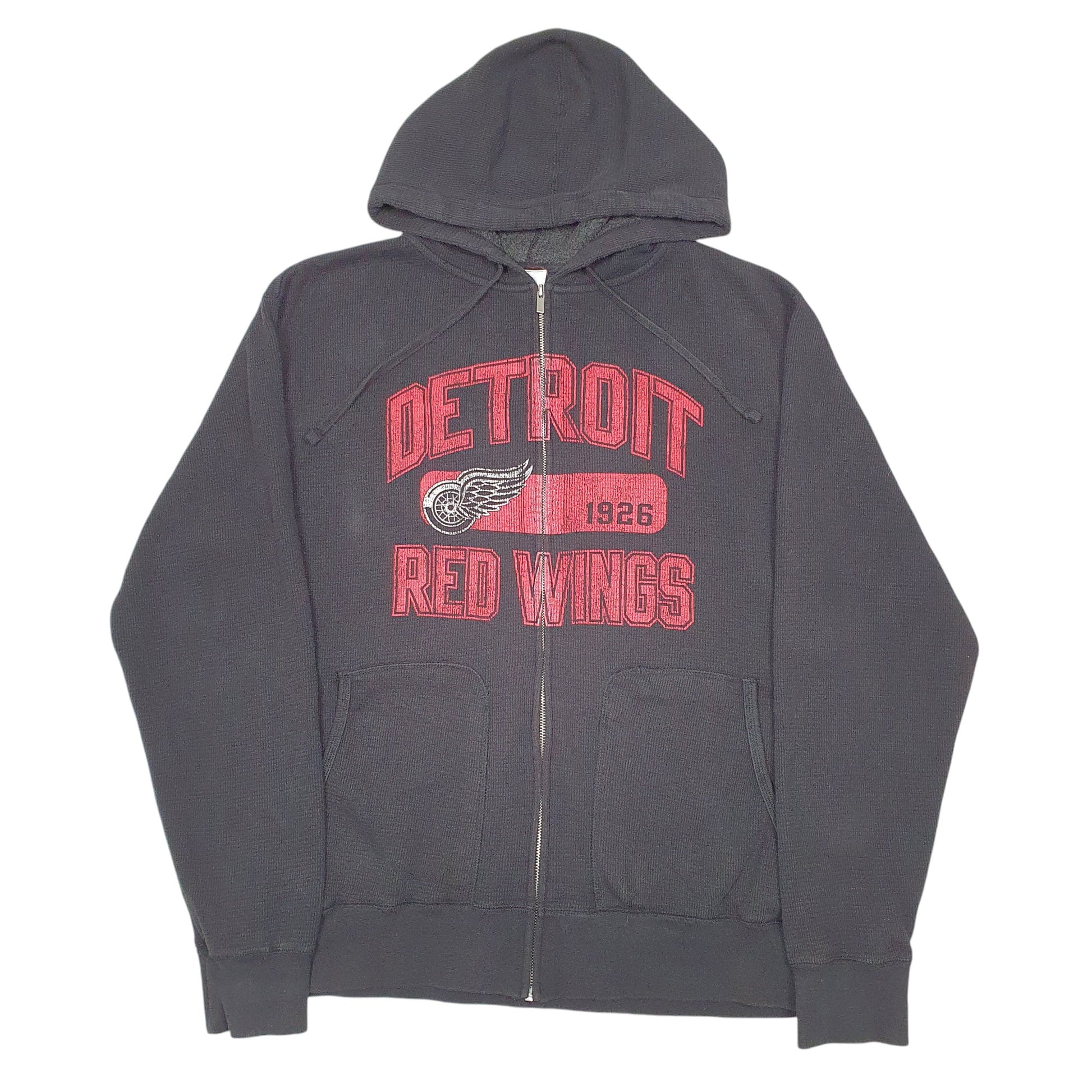 Mens Black NHL Hoodie Detroit Redwings Hockey Waffle Spellout Full Zip Jumper
