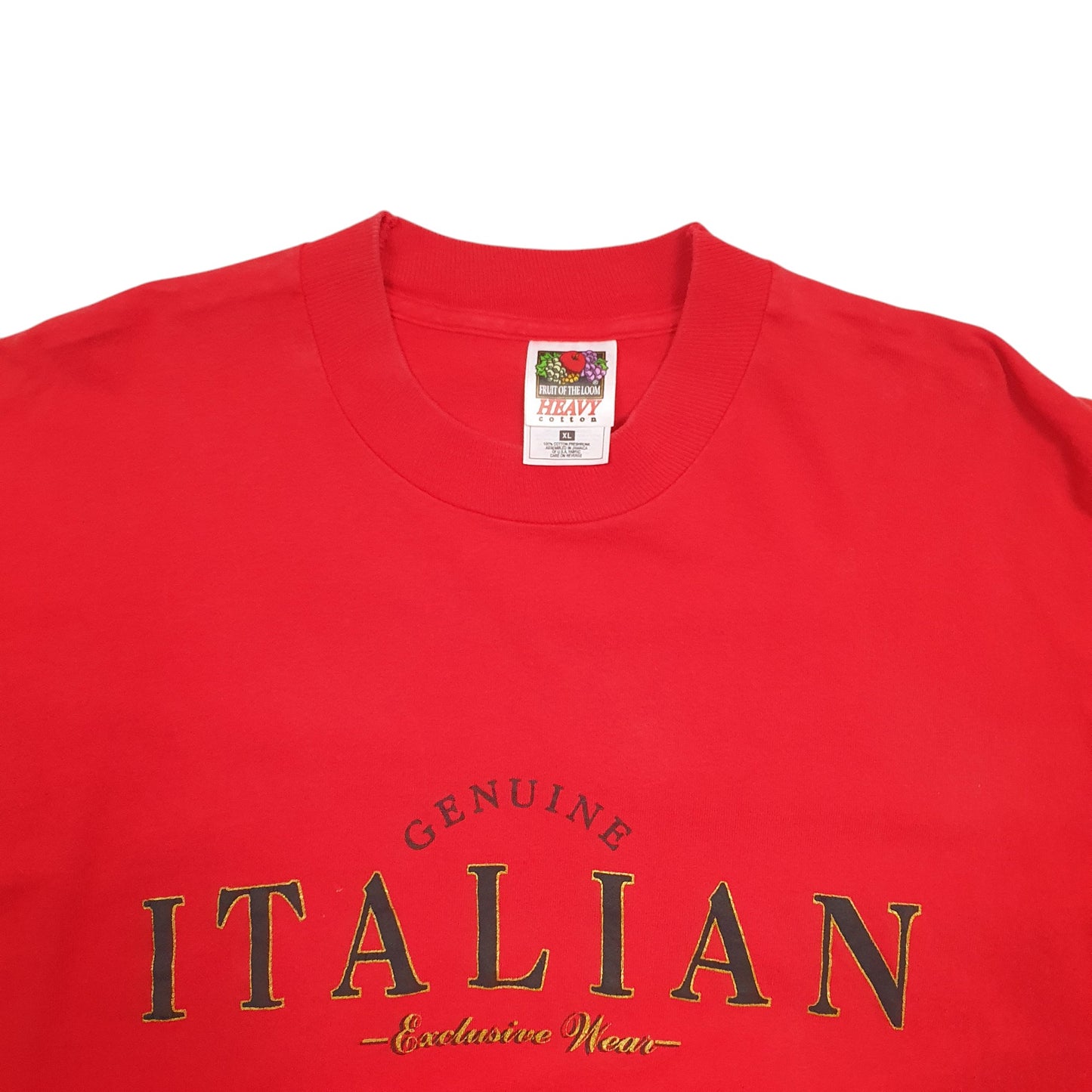 Mens Red Fruit Of The Loom Single Stitch Vintage 90s Italian Spellout Short Sleeve T Shirt