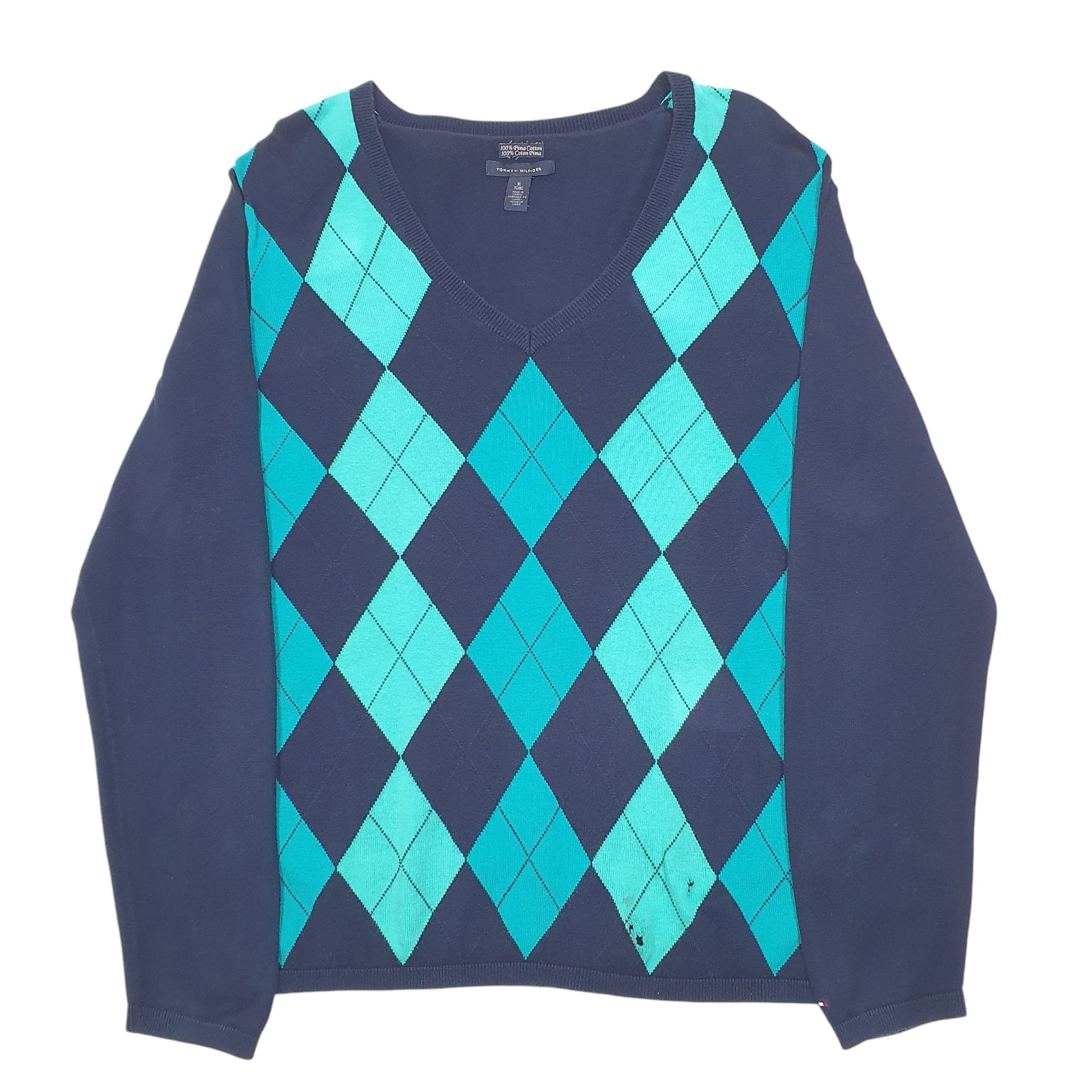 Womens Navy Tommy Hilfiger Argyle Knit Pima V Neck Jumper