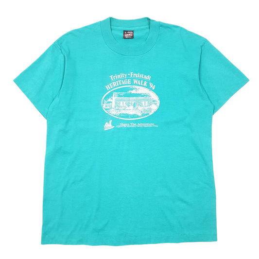 Mens Green Fruit Of The Loom Single Stitch Vintage 90s Made In USA Trinity walk Short Sleeve T Shirt