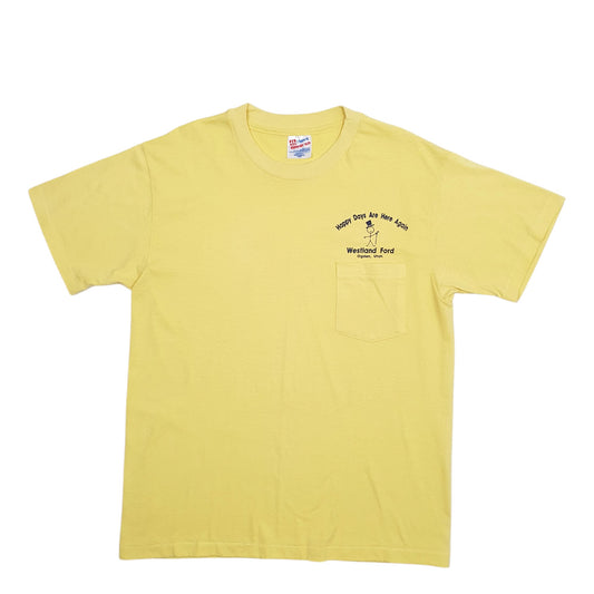 Mens Yellow Hanes Single Stitch Vintage 90s Happy Days Are Here Again Short Sleeve T Shirt