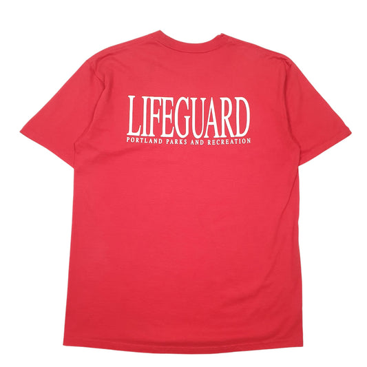 Mens Red Jerzees Single Stitch Vintage 90s Made In USA Portland Parks Rec Lifeguard Short Sleeve T Shirt