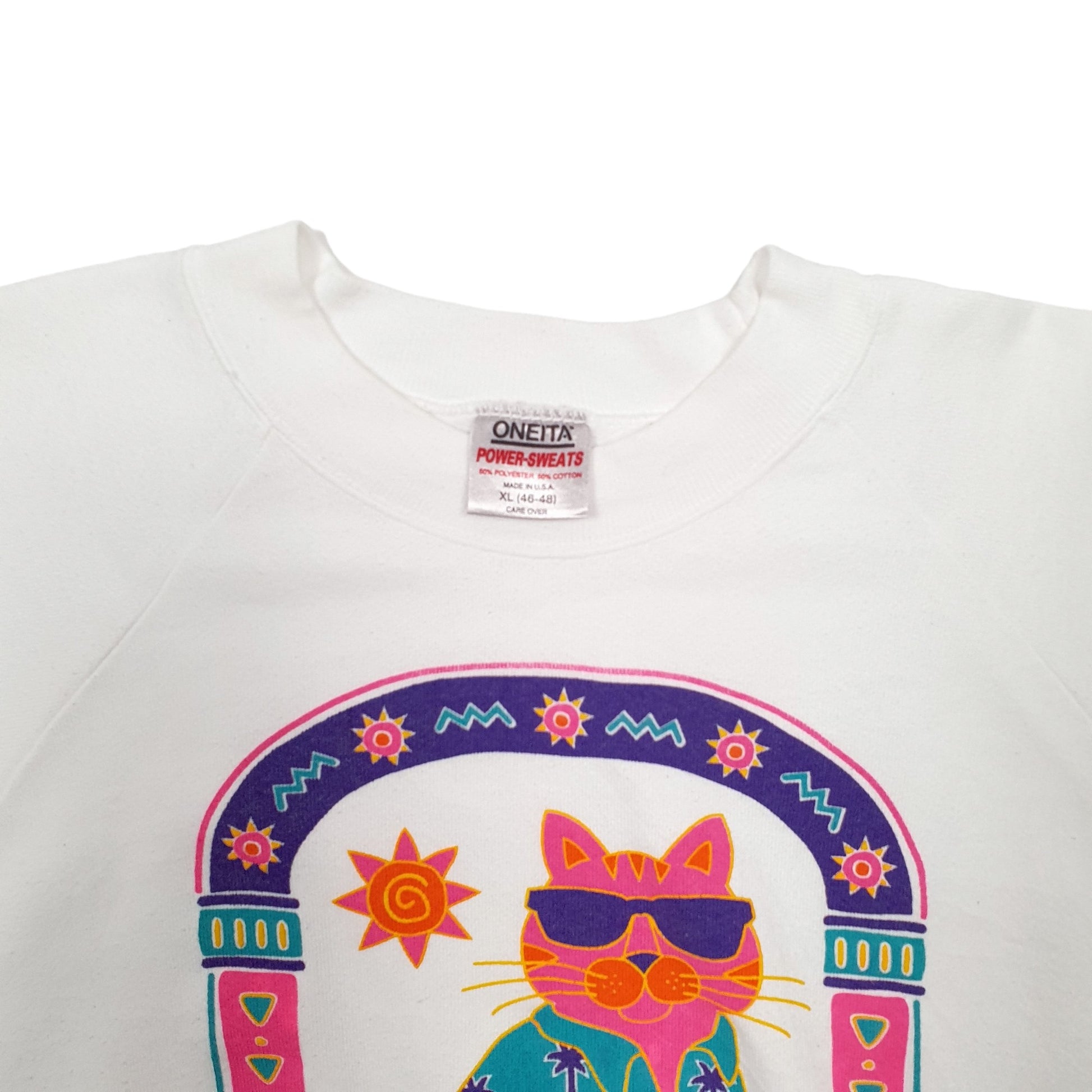 Mens White Oneita Cat Made In USA Crewneck Jumper