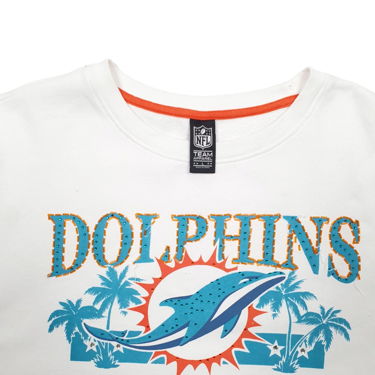 Womens White NFL Miami Dolphins Football Spellout Crewneck Jumper