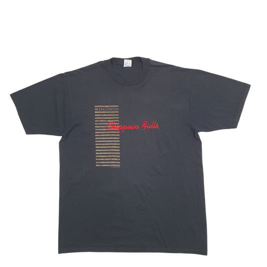 Mens Black Jerzeez Single Stitch Vintage 90s Made In USA Wisconsin Chippewa Falls Short Sleeve T Shirt