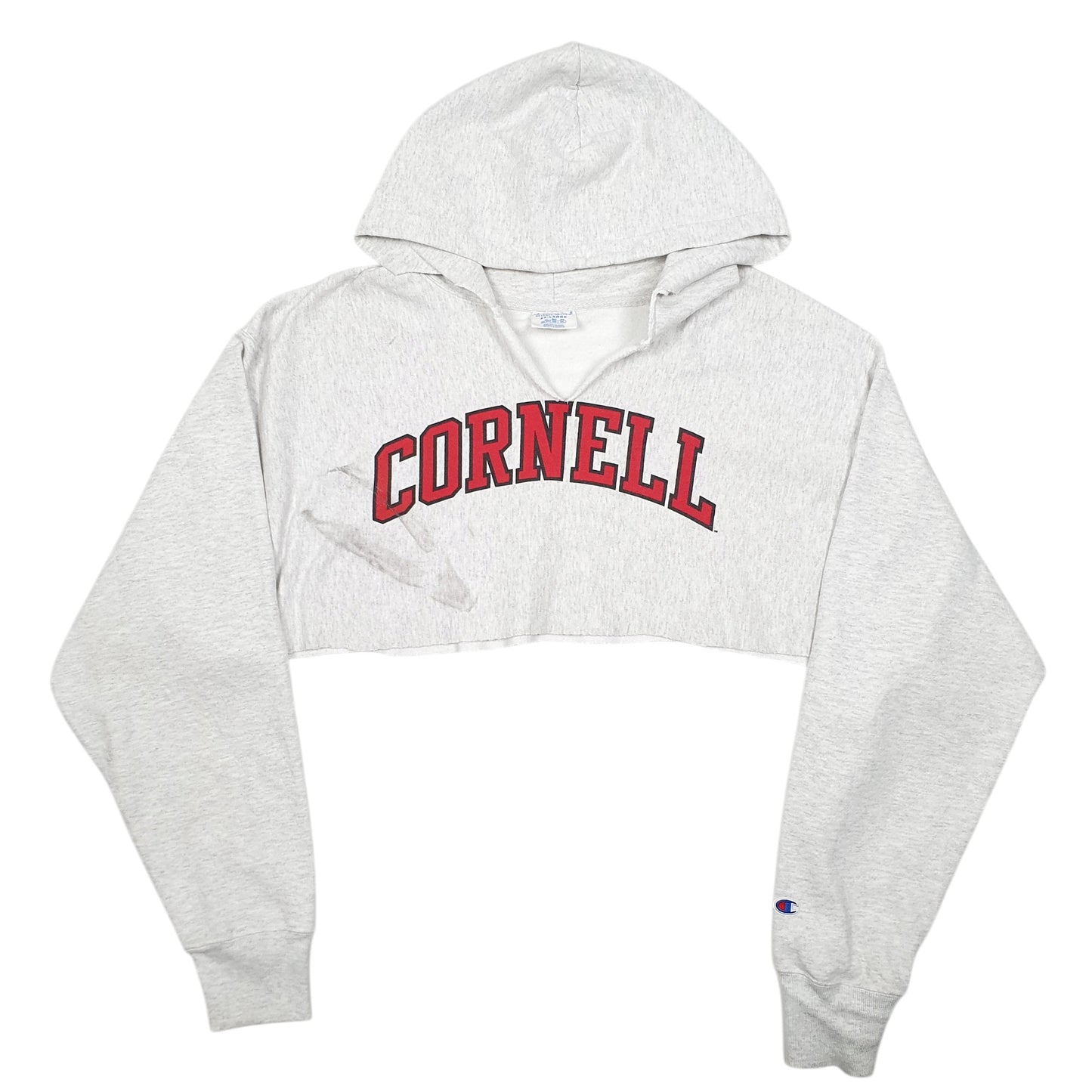 Womens Grey Champion Cut Off Cropped Cornell College Spellout Reverse Weave Hoodie Jumper