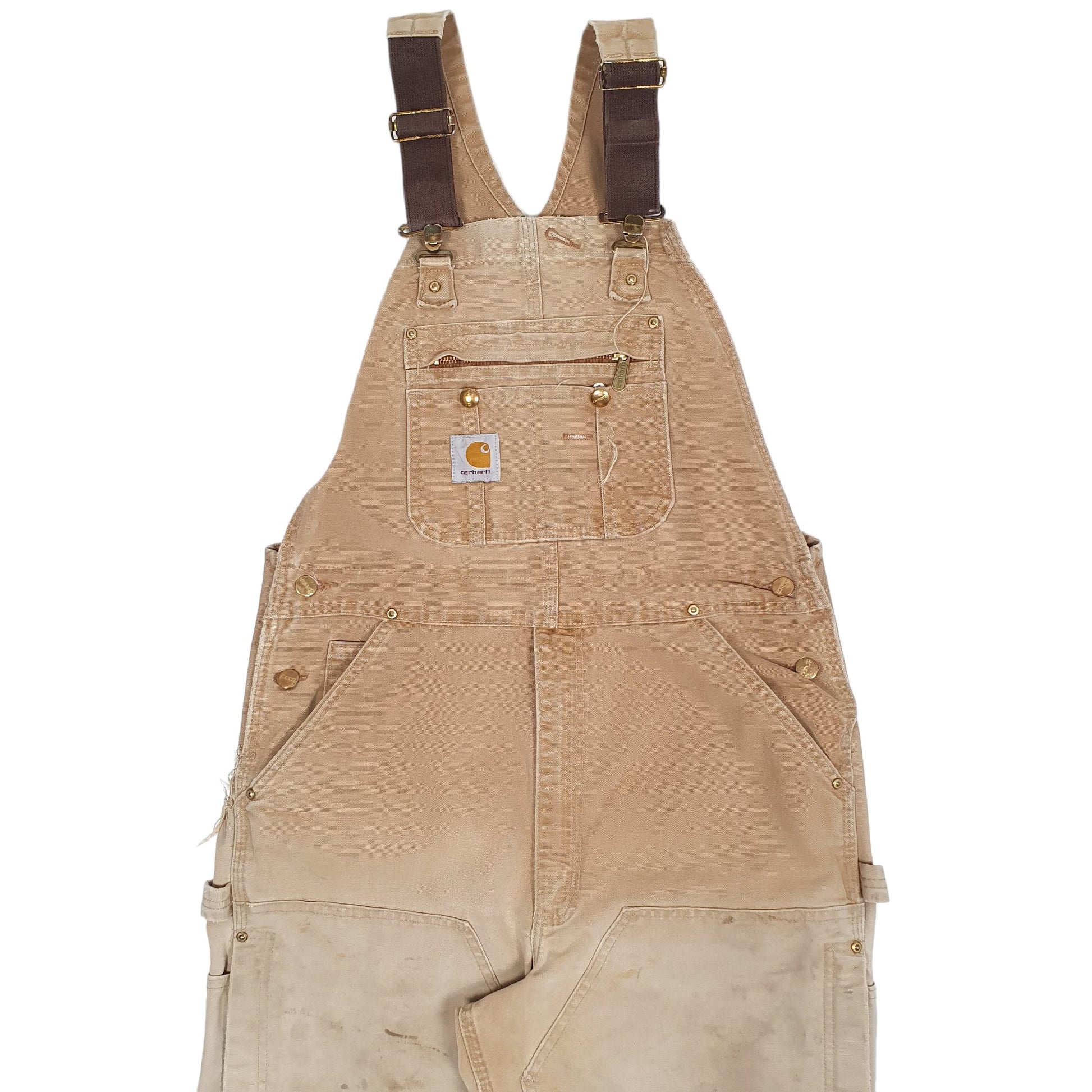 Mens Beige Carhartt R37 BRN Double Knee Overalls Bib Dungaree Trousers