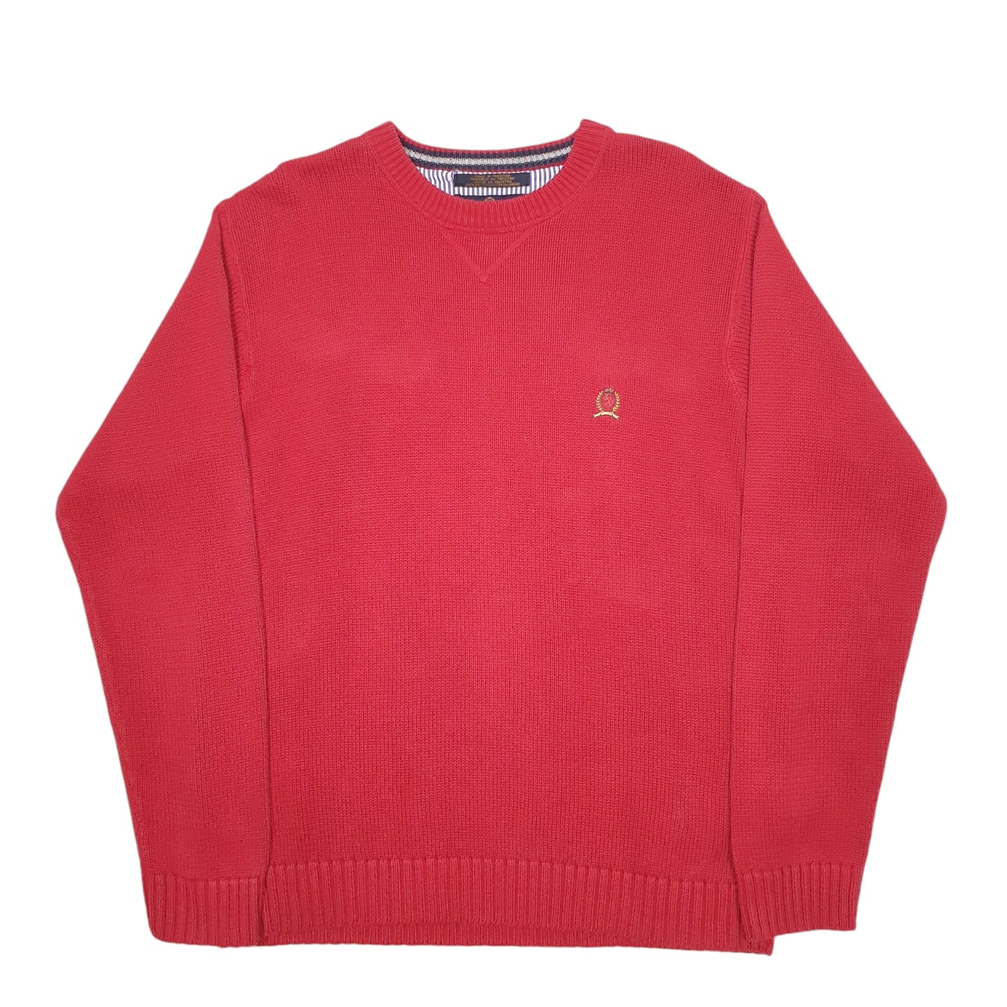 Mens Red Tommy Hilfiger Knit 2000's Vintage Crest Crewneck Jumper