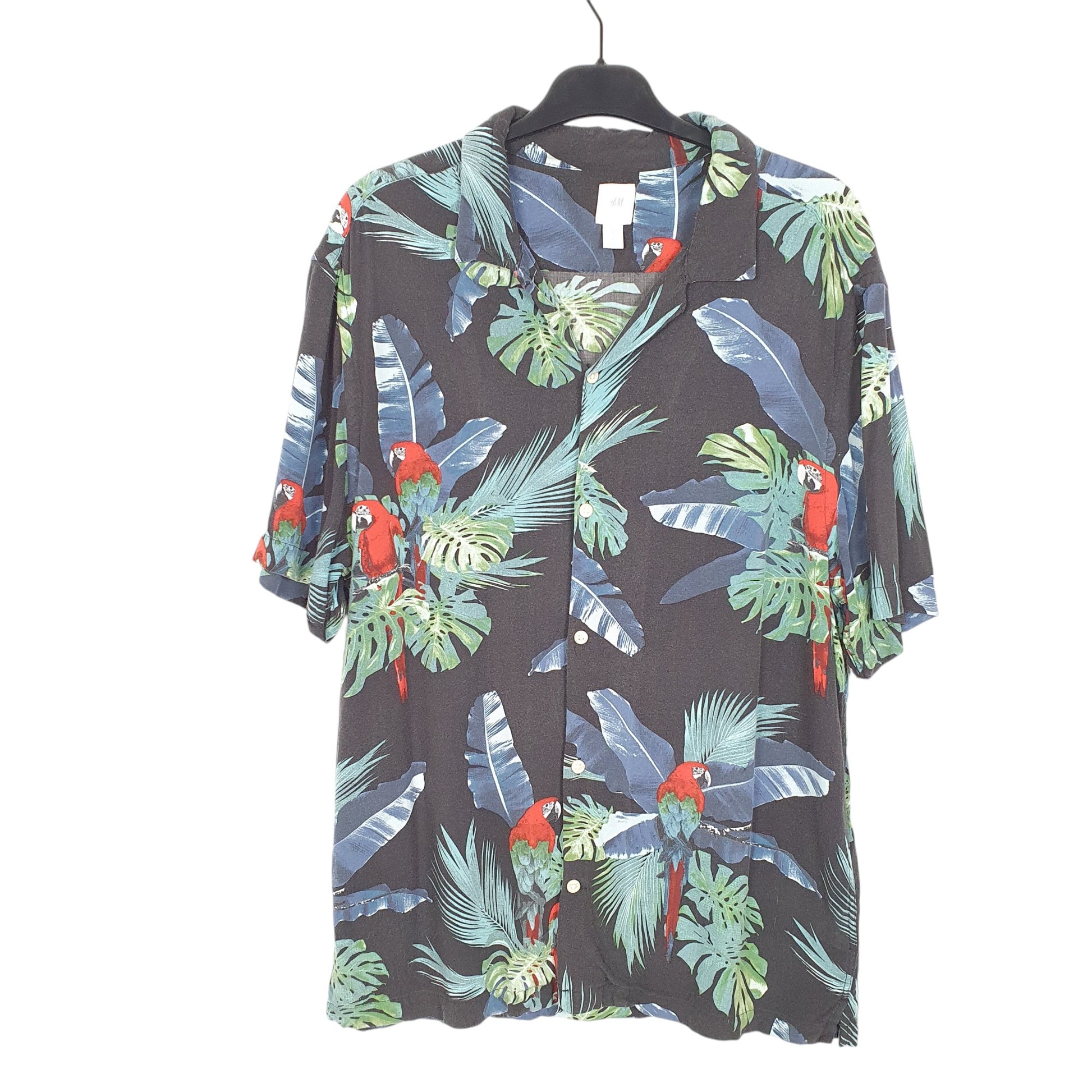 Mens Black H&M Hawaiian Parrots Tropical Short Sleeve Shirt