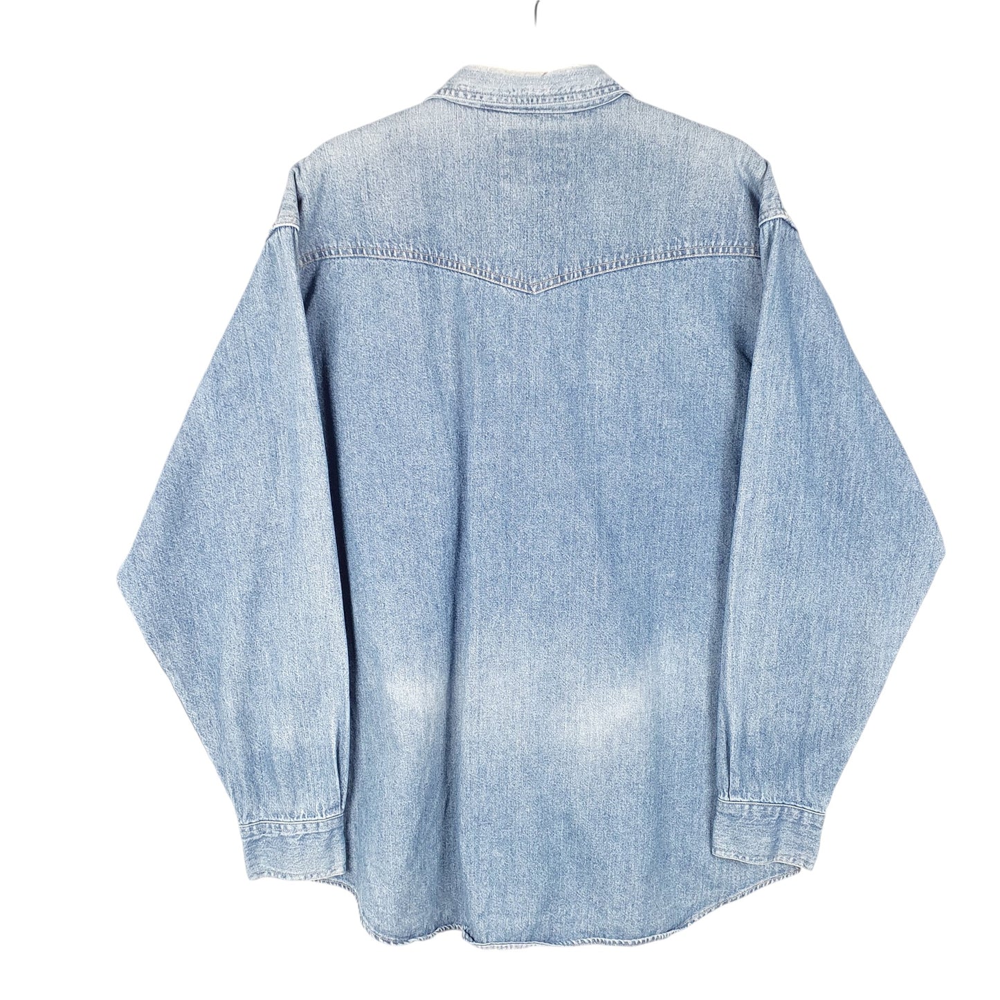 Mens Blue Wrangler Denim Jeans Vintage Pearl Snap Cowboy Western Long Sleeve Shirt