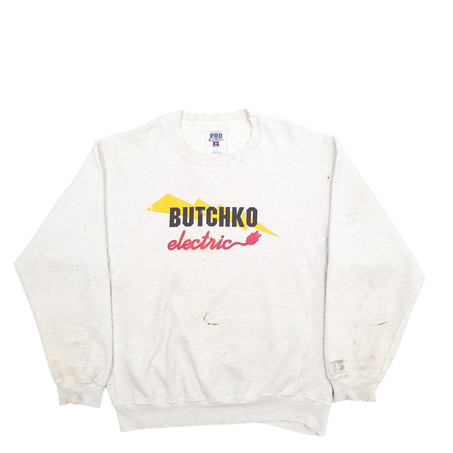 Mens Grey Russell Athletic Butchko Electrics Spellout Made In USA Vintage Crewneck Jumper