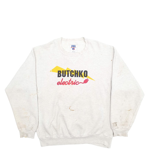Mens Grey Russell Athletic Butchko Electrics Spellout Made In USA Vintage Crewneck Jumper