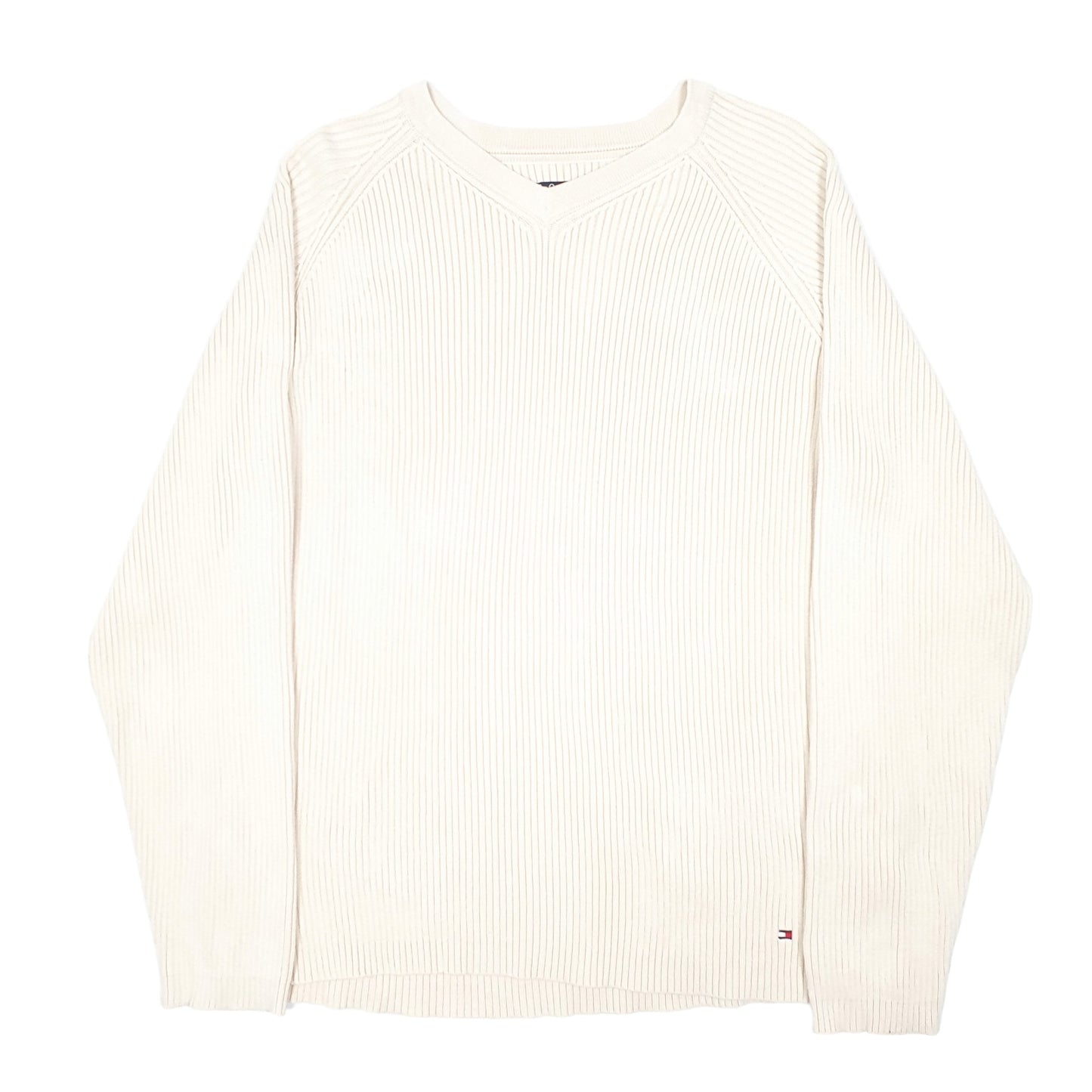Mens Cream Tommy Hilfiger Ribbed Sweater V Neck Jumper