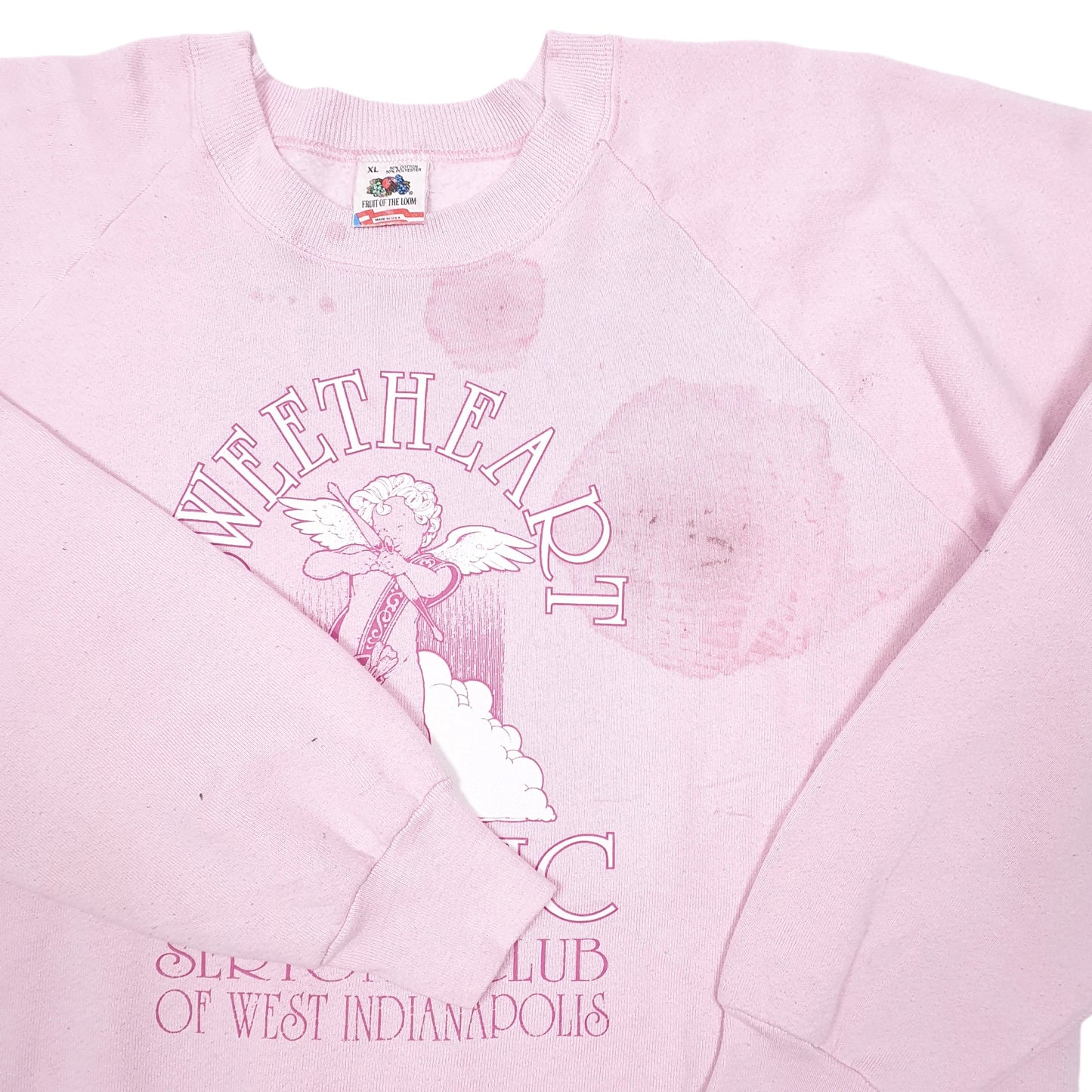 Mens Pink Fruit Of The Loom Vintage Raglan Sweetheart Club Indianapolis Made In USA 80s 90s Crewneck Jumper