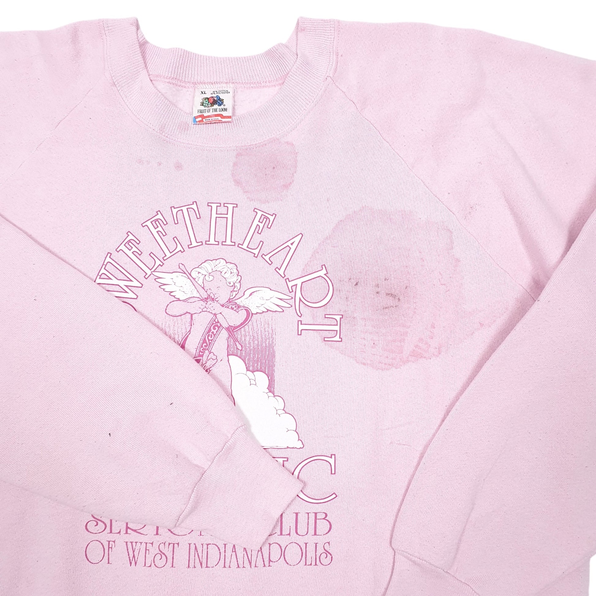 Mens Pink Fruit Of The Loom Vintage Raglan Sweetheart Club Indianapolis Made In USA 80s 90s Crewneck Jumper