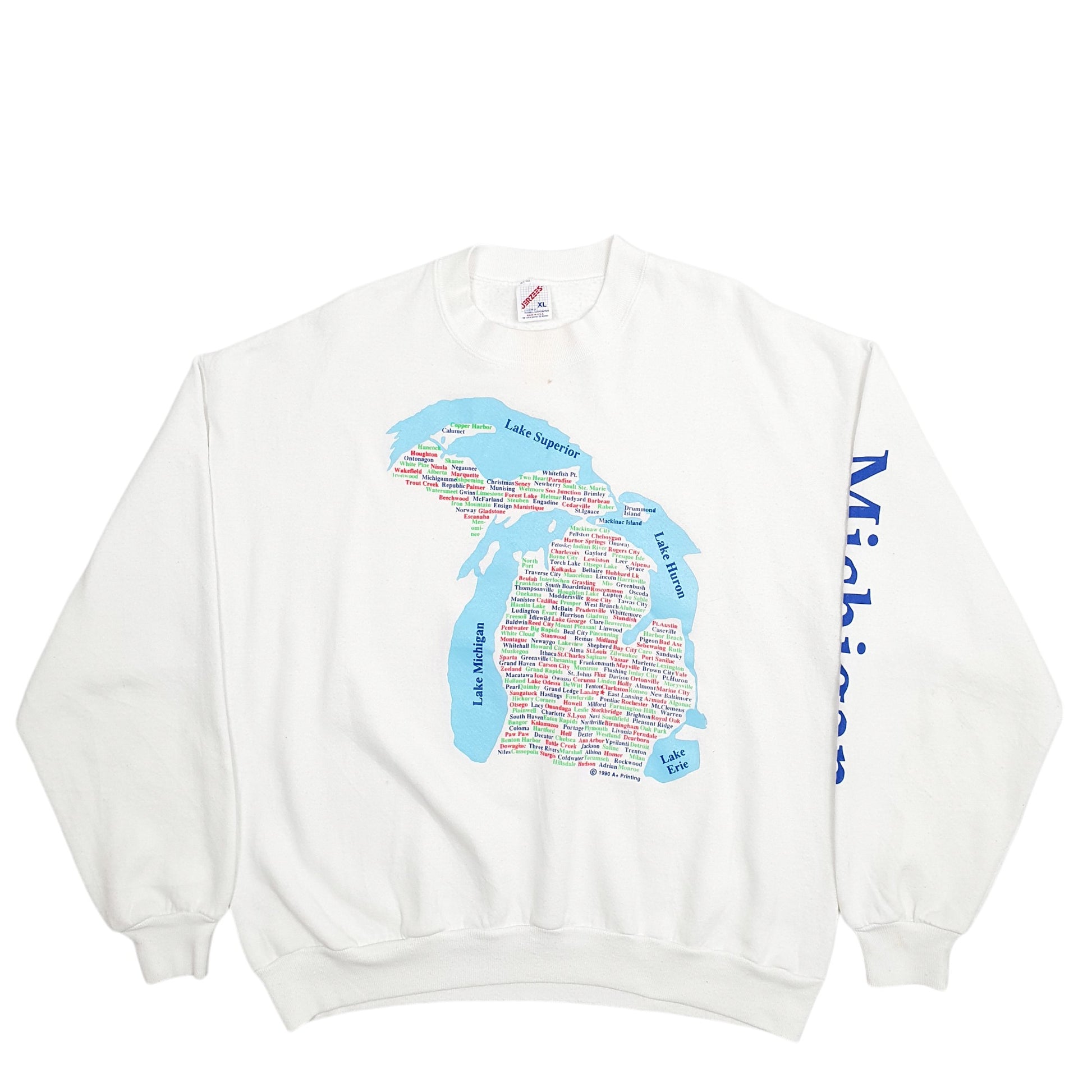 Mens White Jerzees Michigan Lakes Spellout Vintage 1990s Made in USA Crewneck Jumper
