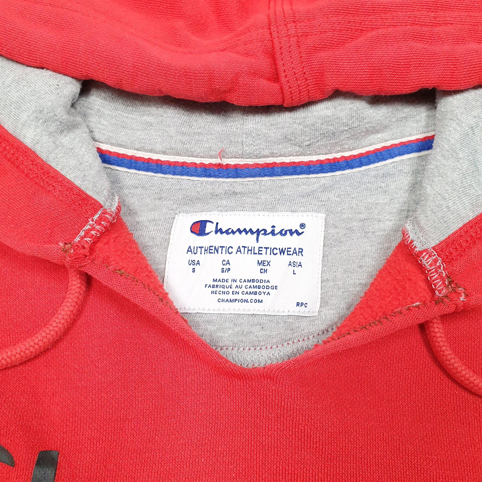 Mens Red Champion Script Hoodie Jumper
