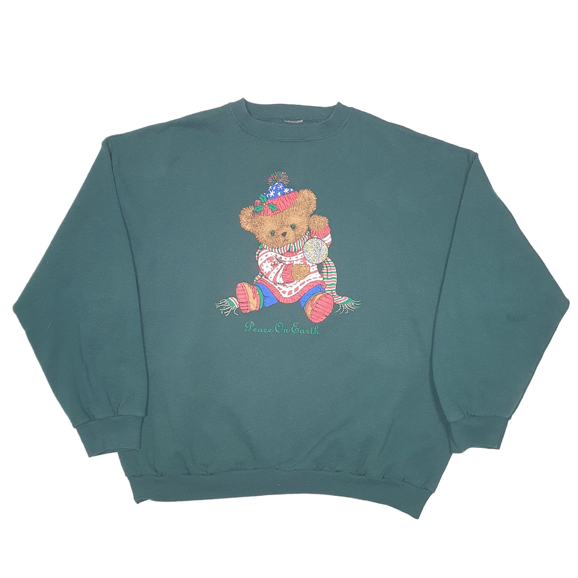 Mens Green Unbranded Festive Teddy Christmas Bear Peace Crewneck Jumper