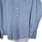 Mens Blue Wrangler Denim Jeans Vintage Western Pearl Snap Cowboy X Long Tails Long Sleeve Shirt
