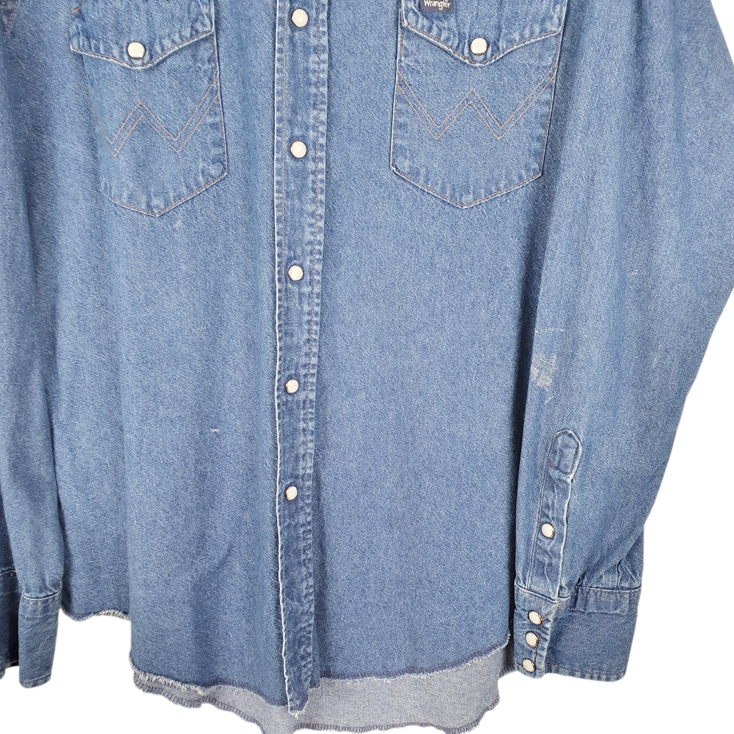 Mens Blue Wrangler Denim Jeans Vintage Western Pearl Snap Cowboy X Long Tails Long Sleeve Shirt