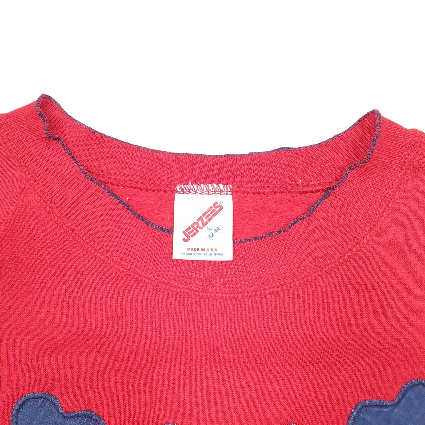 Mens Red Jerzees Vintage Made In USA Raglan Hearts Embroidery Crewneck Jumper