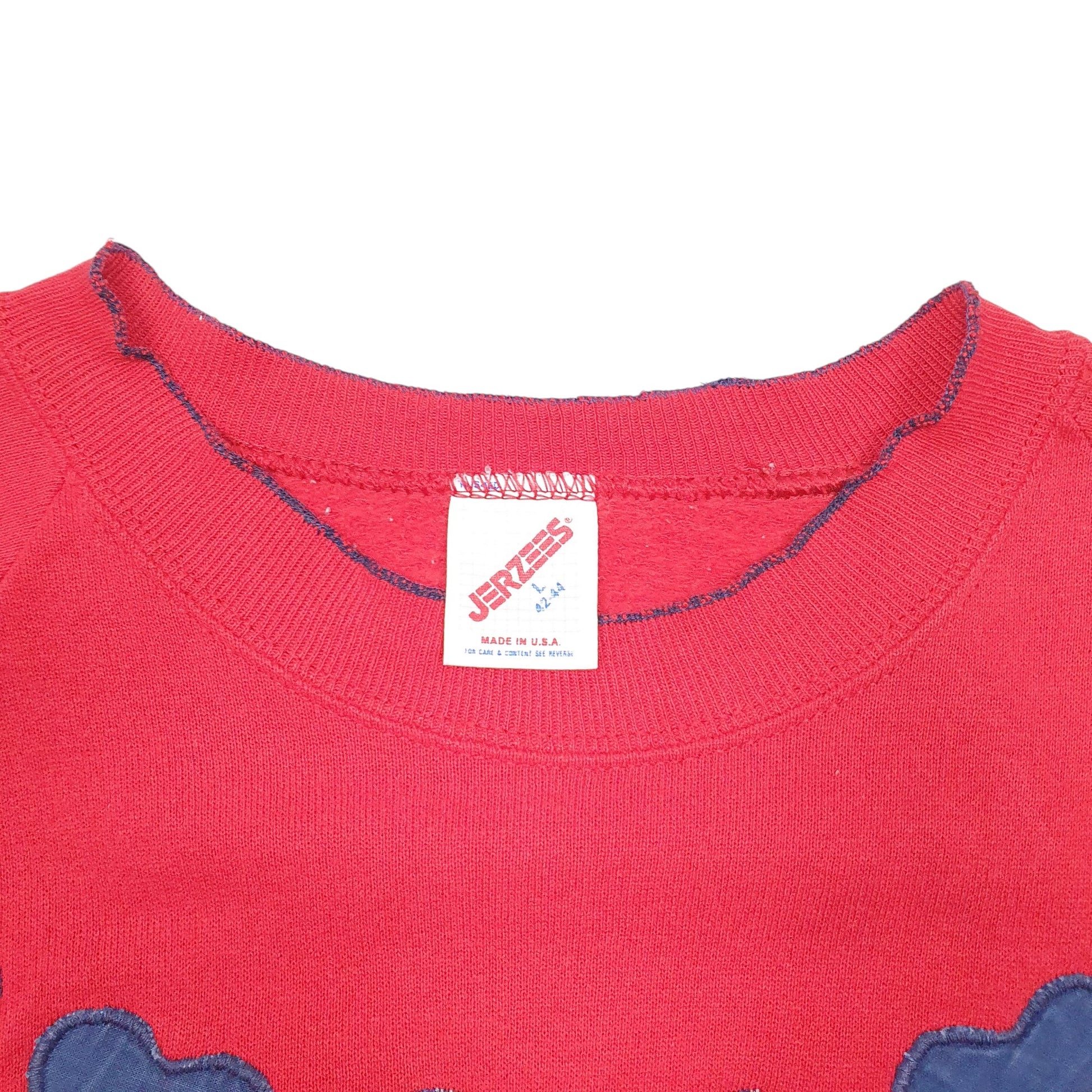 Mens Red Jerzees Vintage Made In USA Raglan Hearts Embroidery Crewneck Jumper