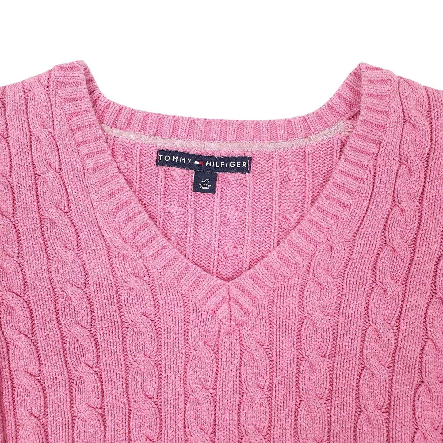 Mens Pink Tommy Hilfiger Cable Knitwear V Neck Jumper