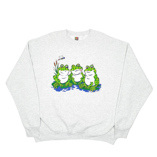 Mens Grey Fruit Of The Loom Vintage Frogs 90s 1995 Crewneck Jumper