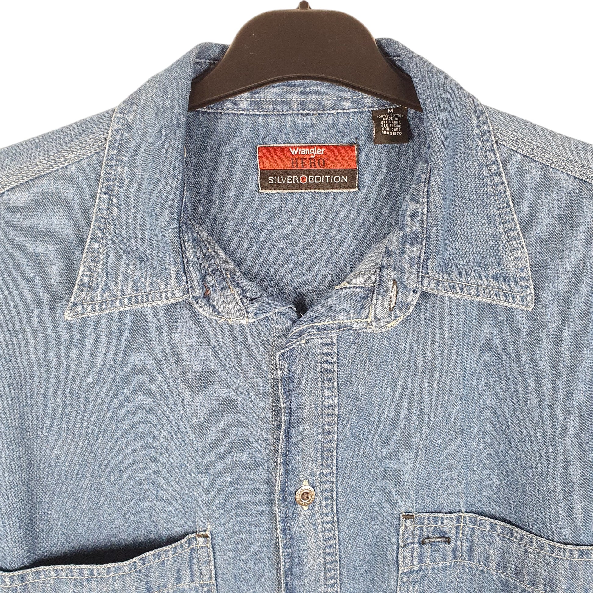 Mens Blue Wrangler Denim Jeans Hero Work Chambray Silver Edition Long Sleeve Shirt