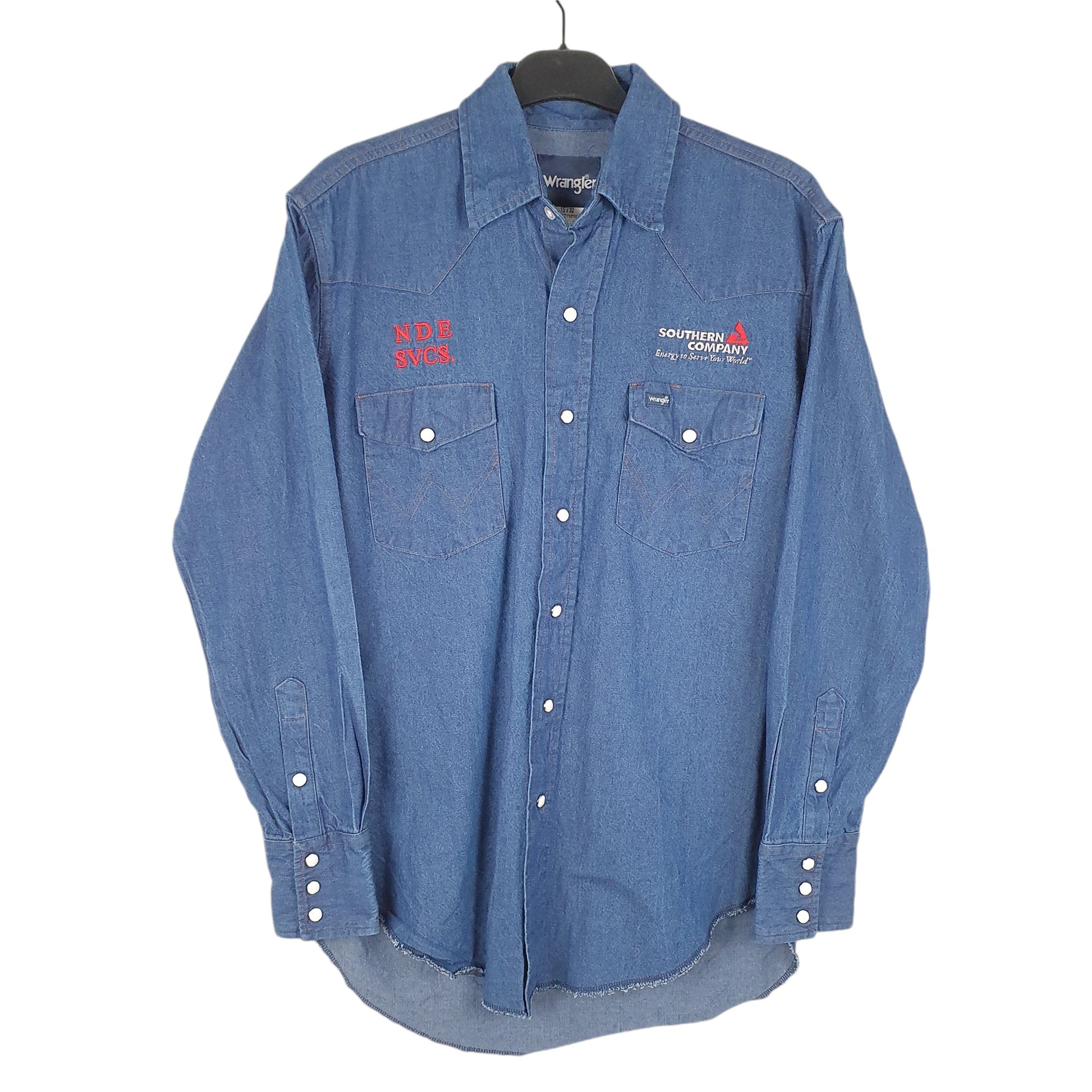 Mens Blue Wrangler Denim Jeans Western Pearl Snap Cowboy Southern Energy USA Long Sleeve Shirt