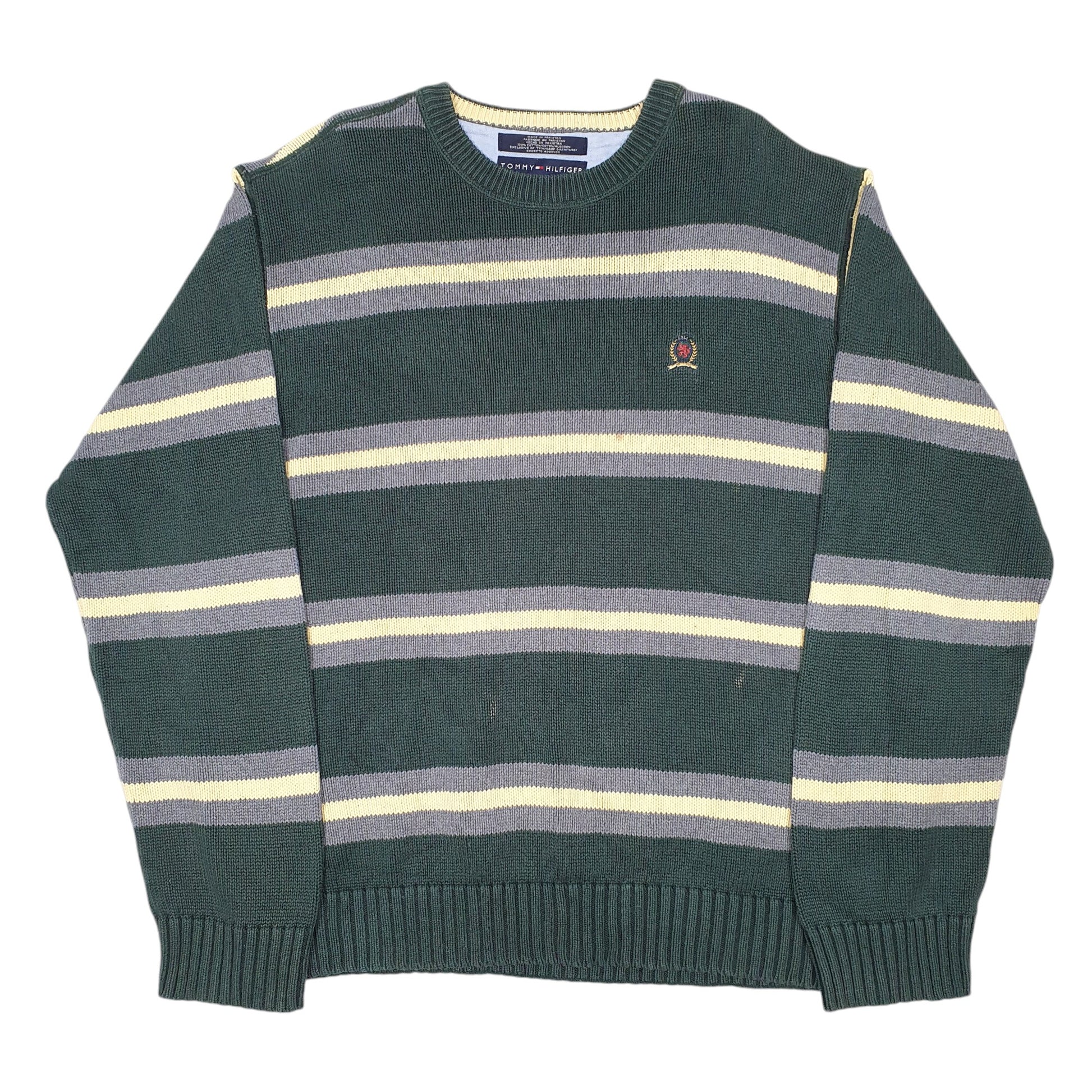 Mens Tommy Hilfiger Green Crewneck Vintage Knit 2001 2000s Stripe
