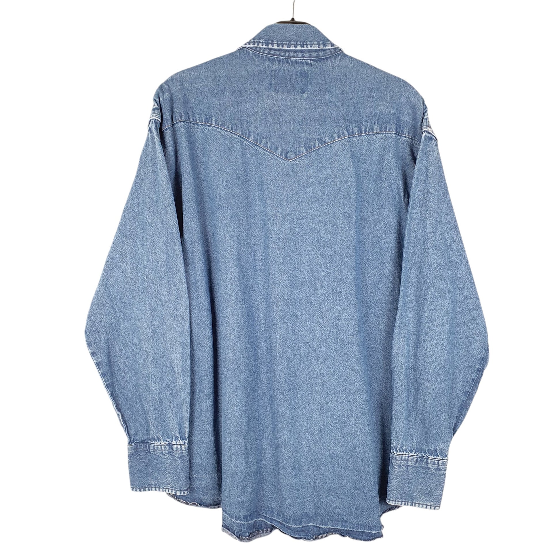 Mens Blue Wrangler Denim Jeans Western Pearl Snap Cowboy Long Sleeve Shirt