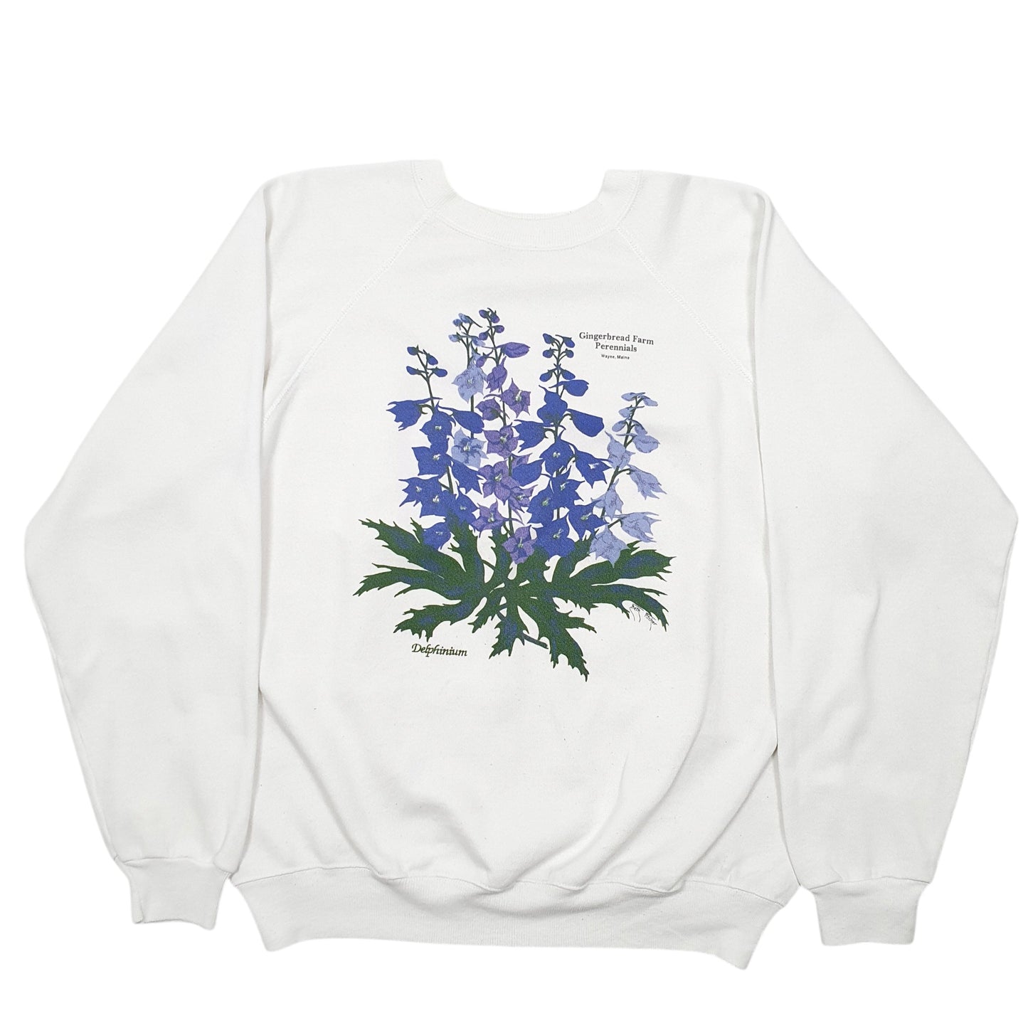 Mens White Hanes Vintage Made In USA Raglan Delphinium Flowers Crewneck Jumper