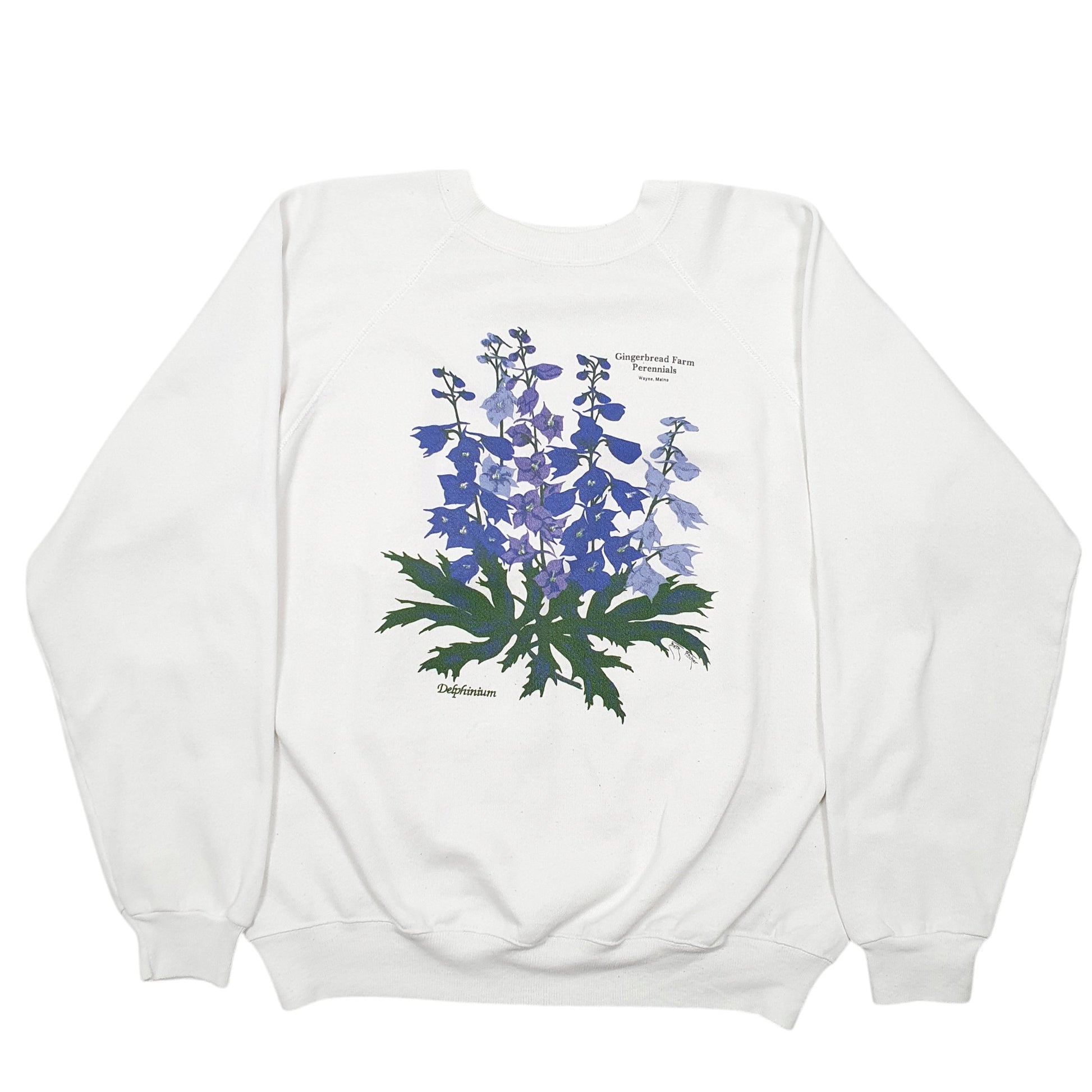 Mens White Hanes Vintage Made In USA Raglan Delphinium Flowers Crewneck Jumper