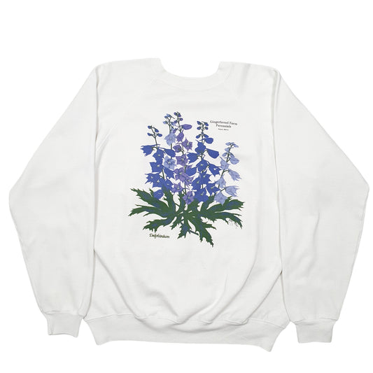 Mens White Hanes Vintage Made In USA Raglan Delphinium Flowers Crewneck Jumper