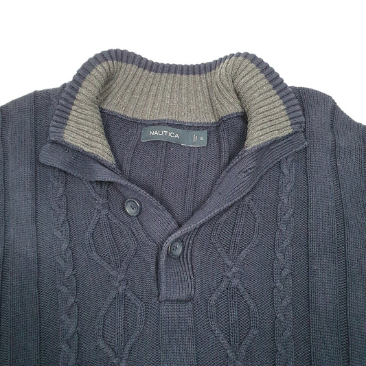 Mens Navy Nautica Knit Button Cable Chunky Quarter Zip Jumper