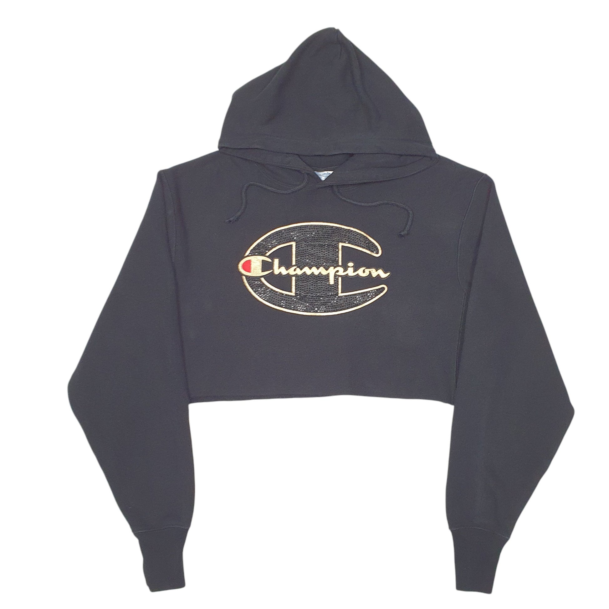 Womens Champion Black Hoodie Cropped Cut Off Sequined Reverse