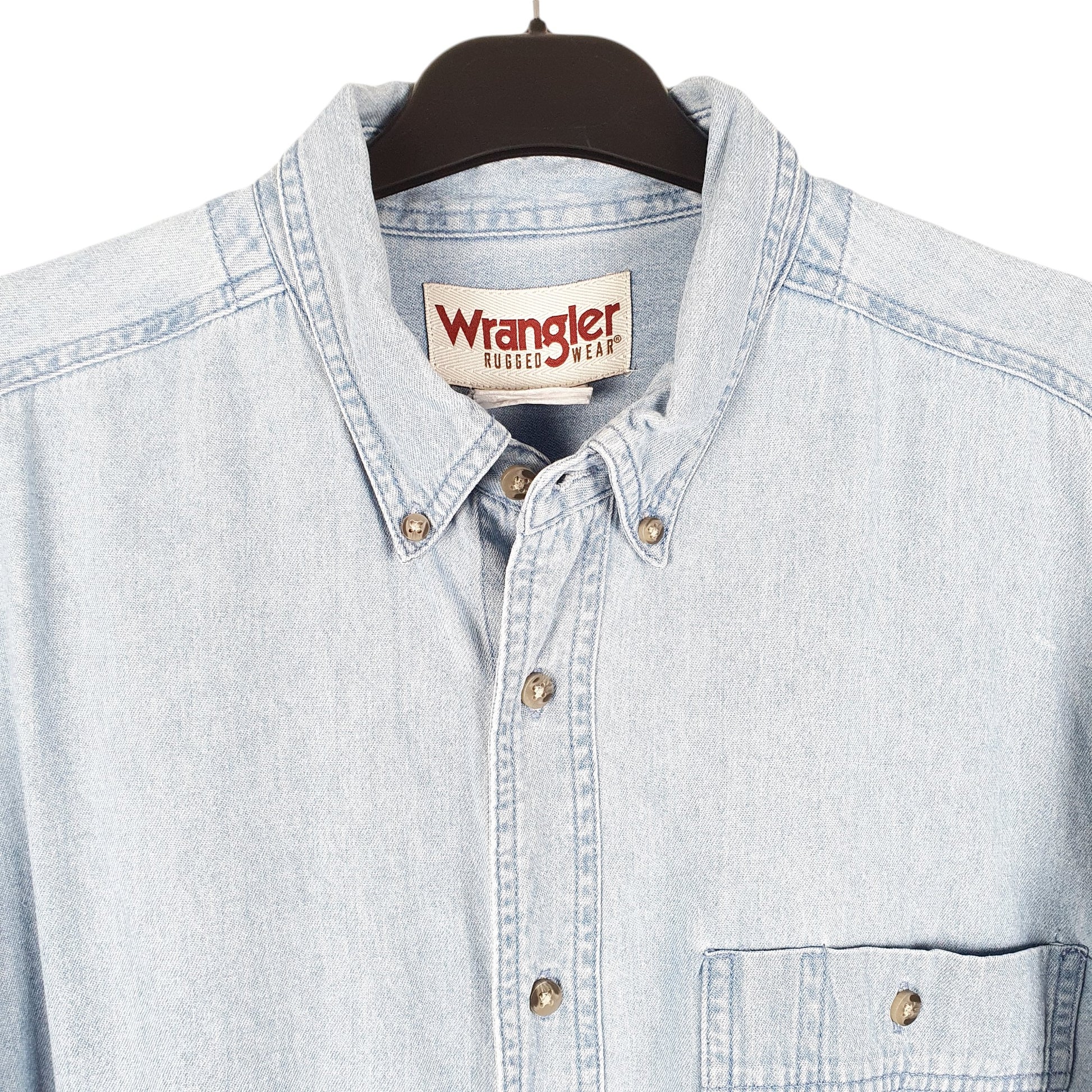 Mens Blue Wrangler Denim Jeans Vintage Rugged Wear Long Sleeve Shirt
