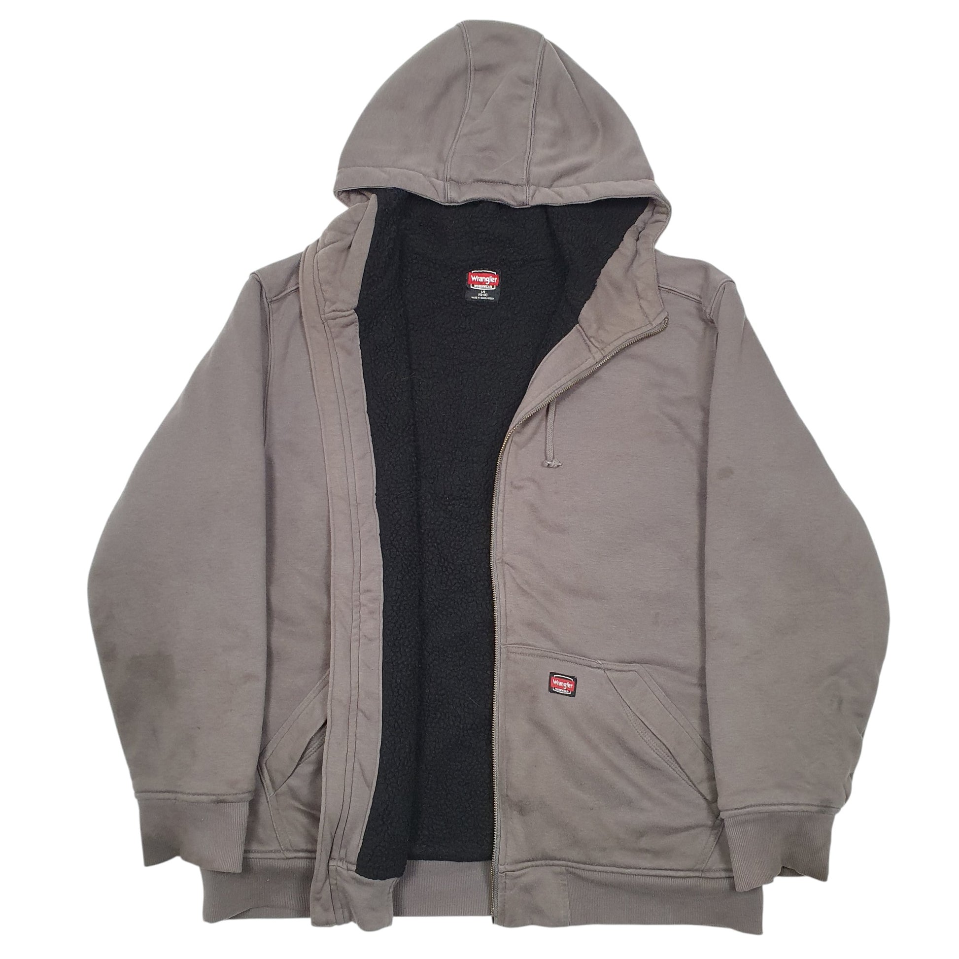 Mens Grey Wrangler Hoodie Fleece Lined Workwear Full Zip Jumper