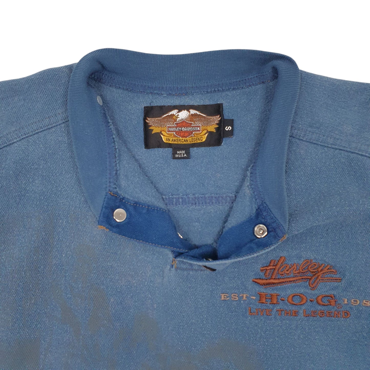 Mens Blue Harley Davidson Button Up Vintage 80s Made In USA Quarter Zip Jumper