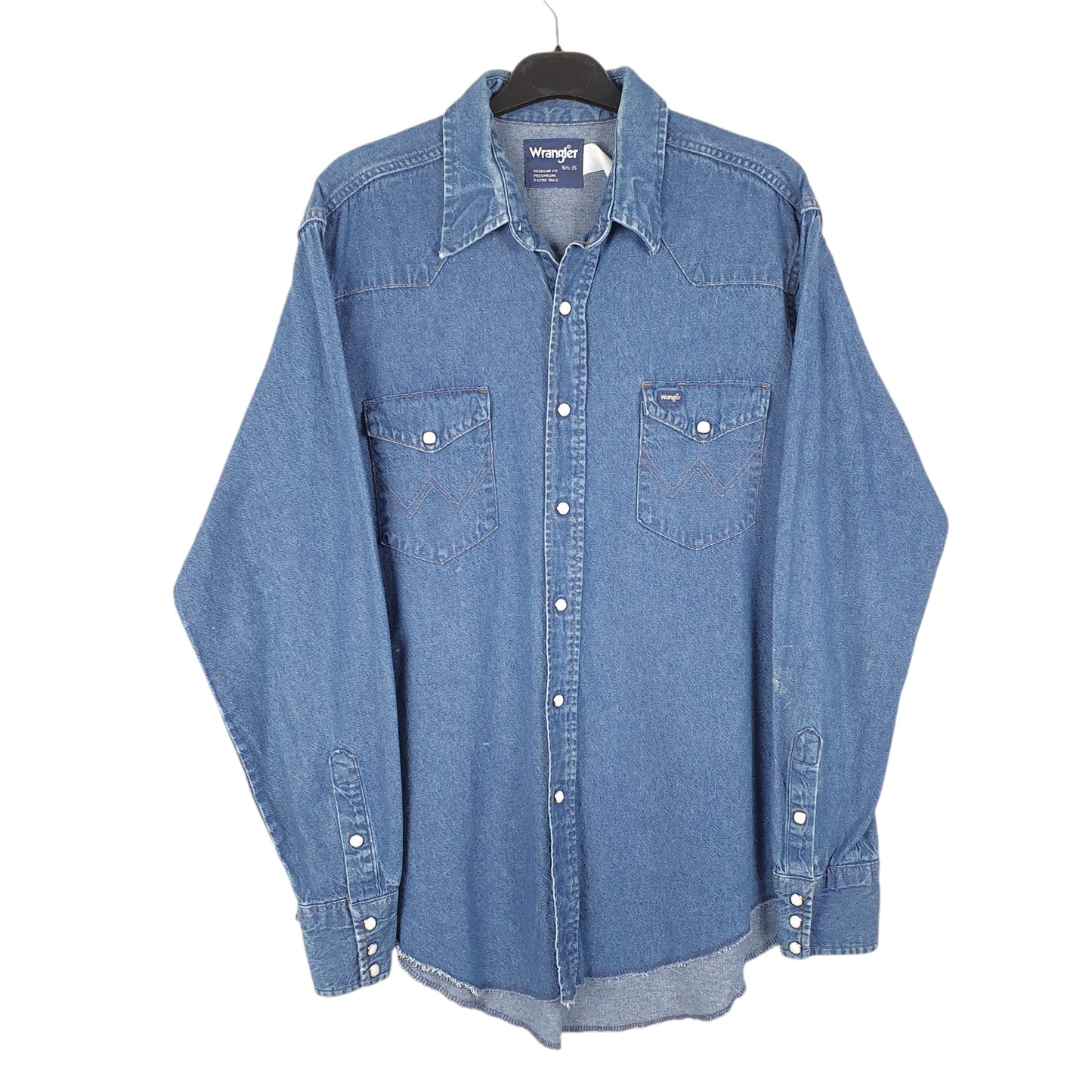 Mens Blue Wrangler Denim Jeans Vintage Western Pearl Snap Cowboy X Long Tails Long Sleeve Shirt