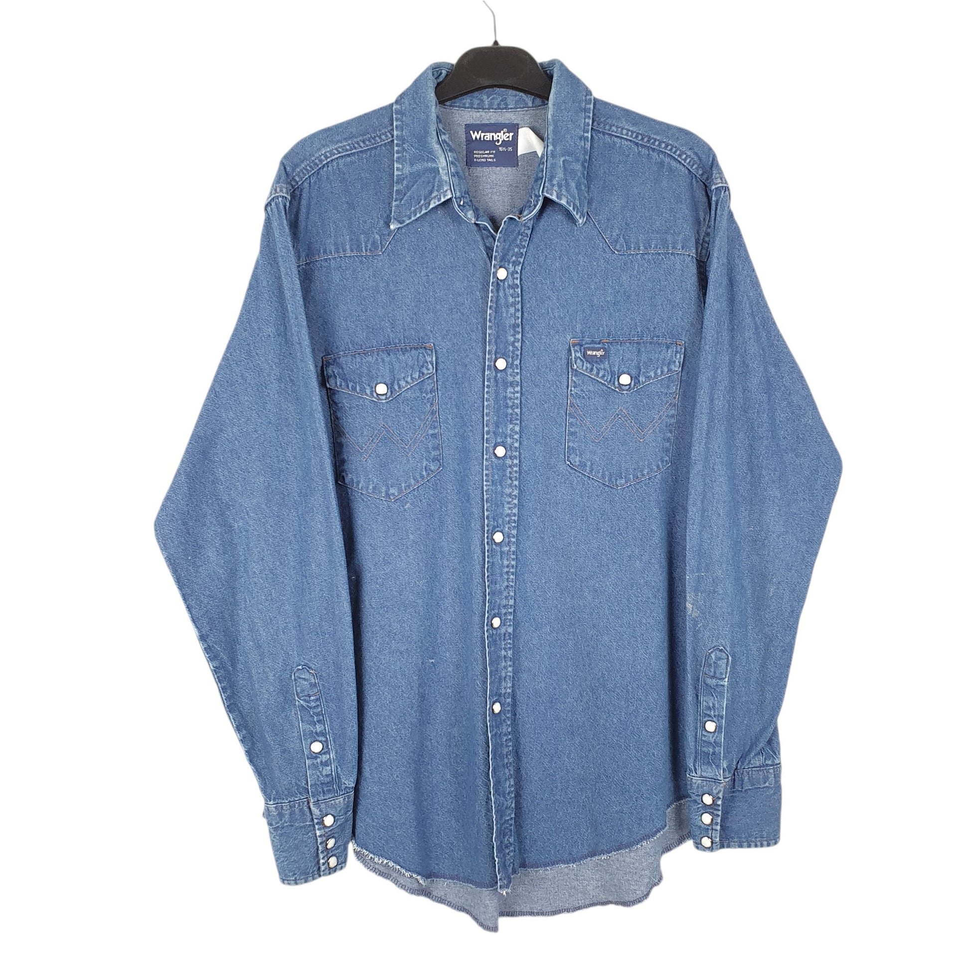 Mens Blue Wrangler Denim Jeans Vintage Western Pearl Snap Cowboy X Long Tails Long Sleeve Shirt