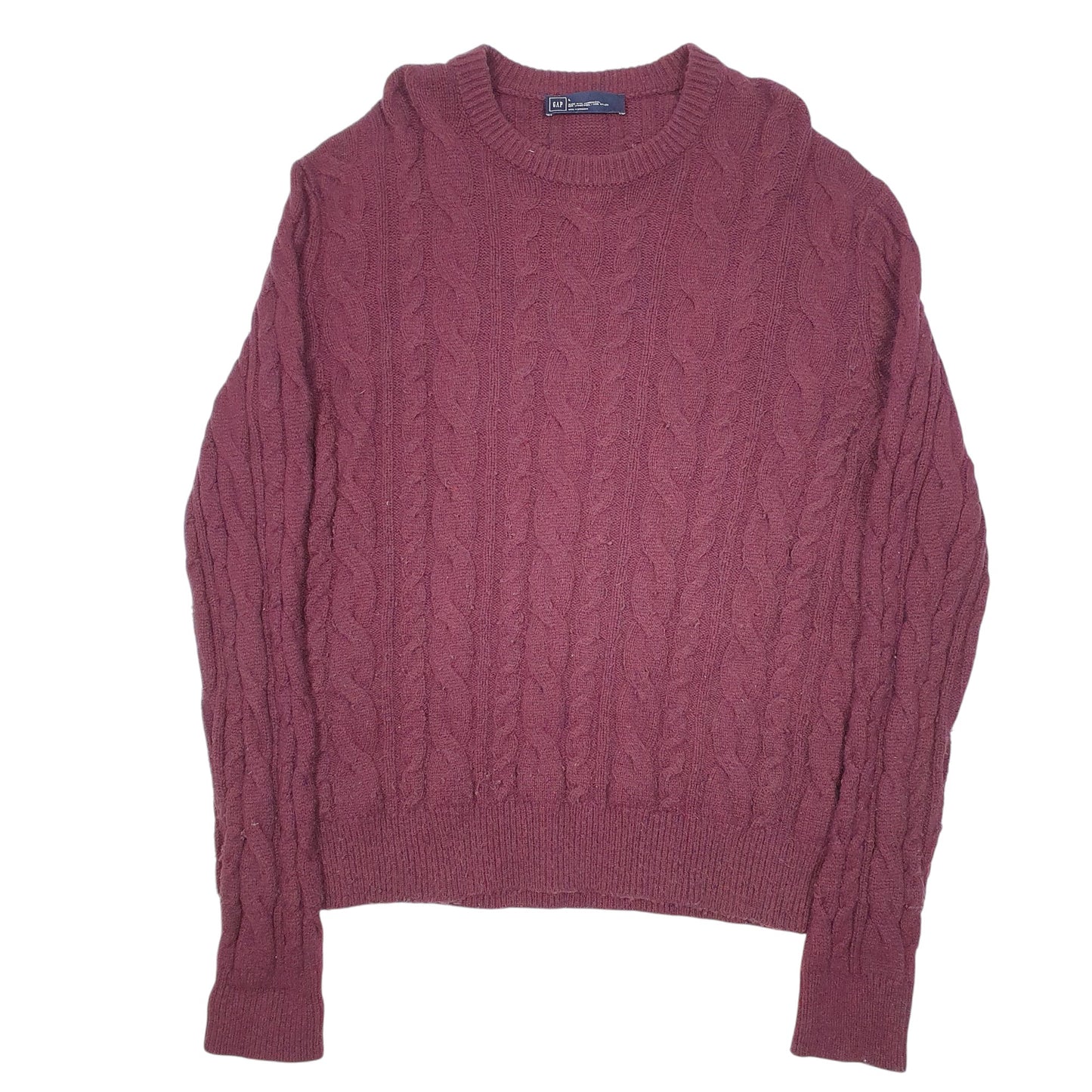 Mens Burgundy Gap Lambswool Blend Chunky Cable Knit Crewneck Jumper