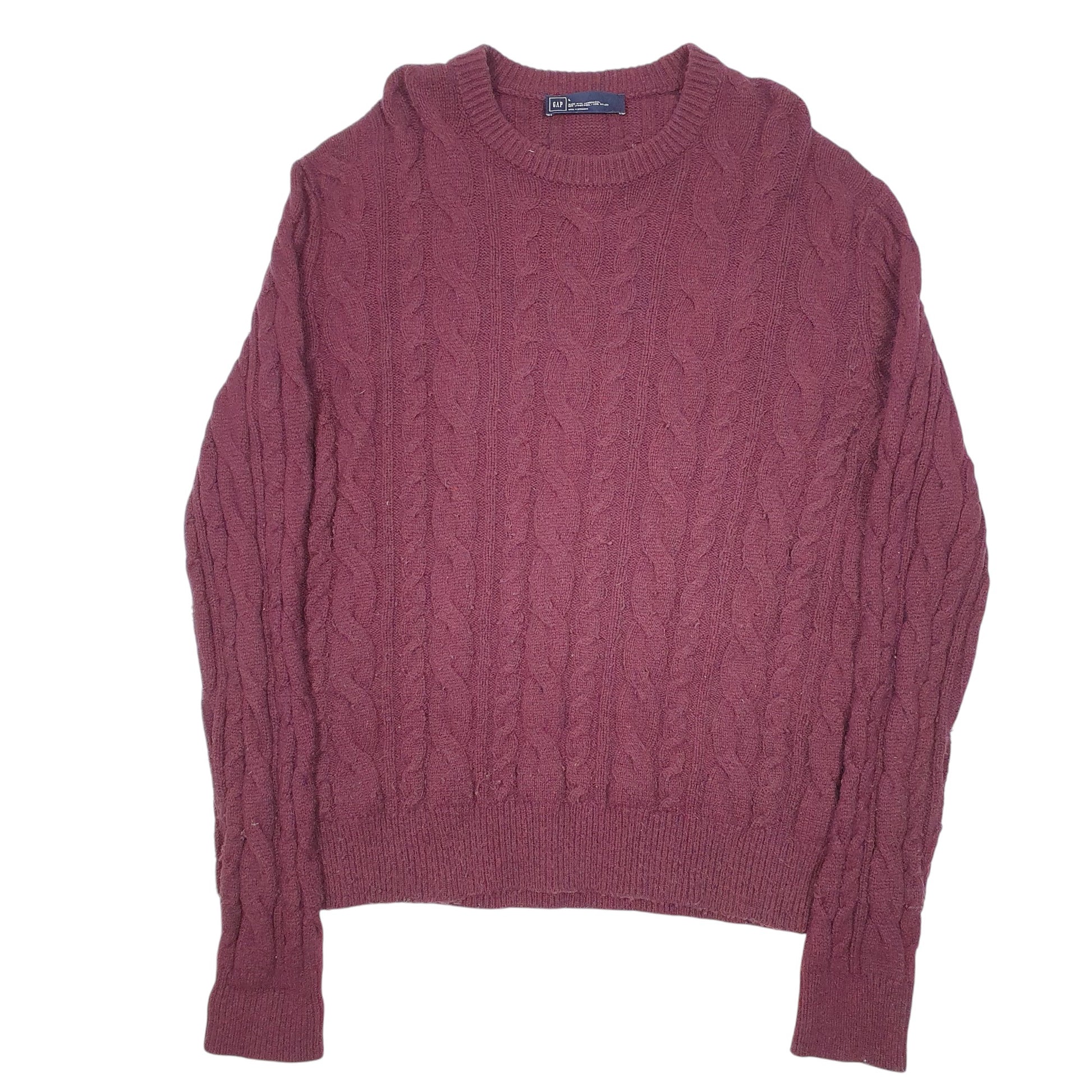 Mens Burgundy Gap Lambswool Blend Chunky Cable Knit Crewneck Jumper
