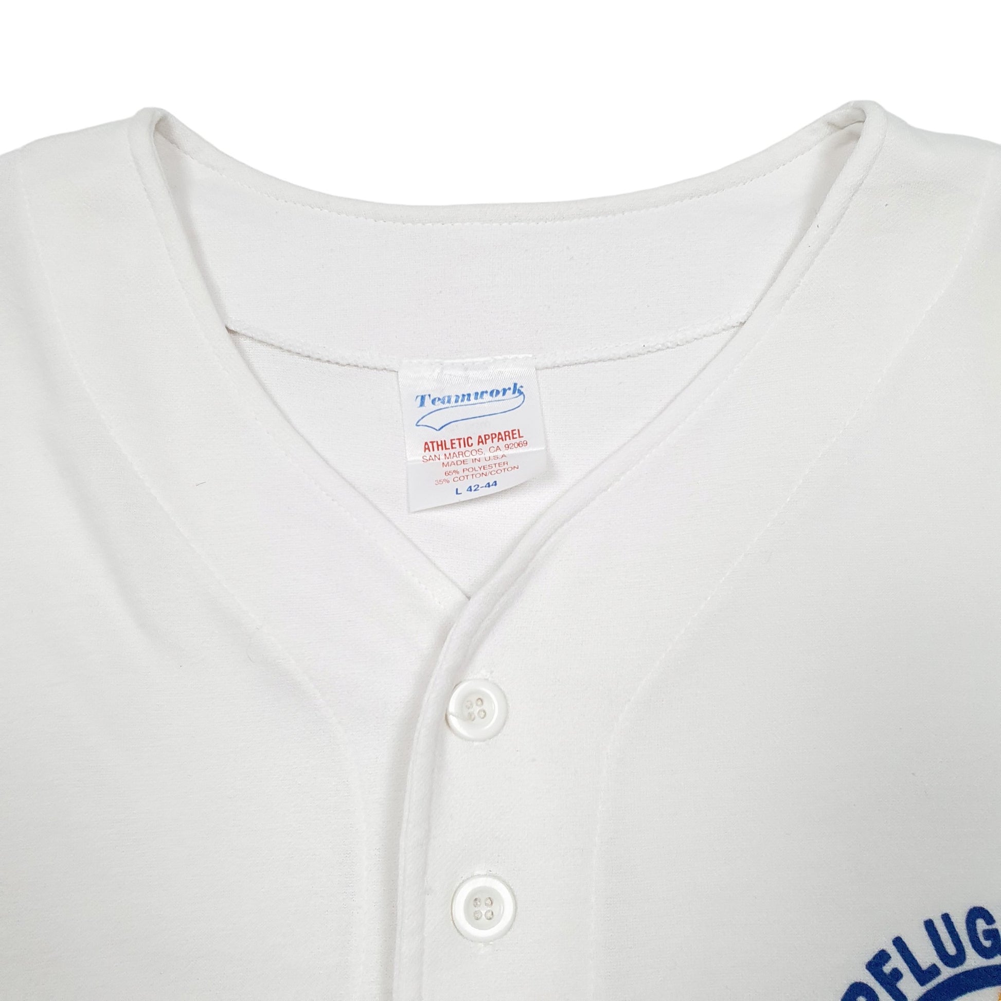 Mens White Teamwork Baseball Jersey PF Lugerville All Stars 1997 Made In USA Vintage Short Sleeve T Shirt