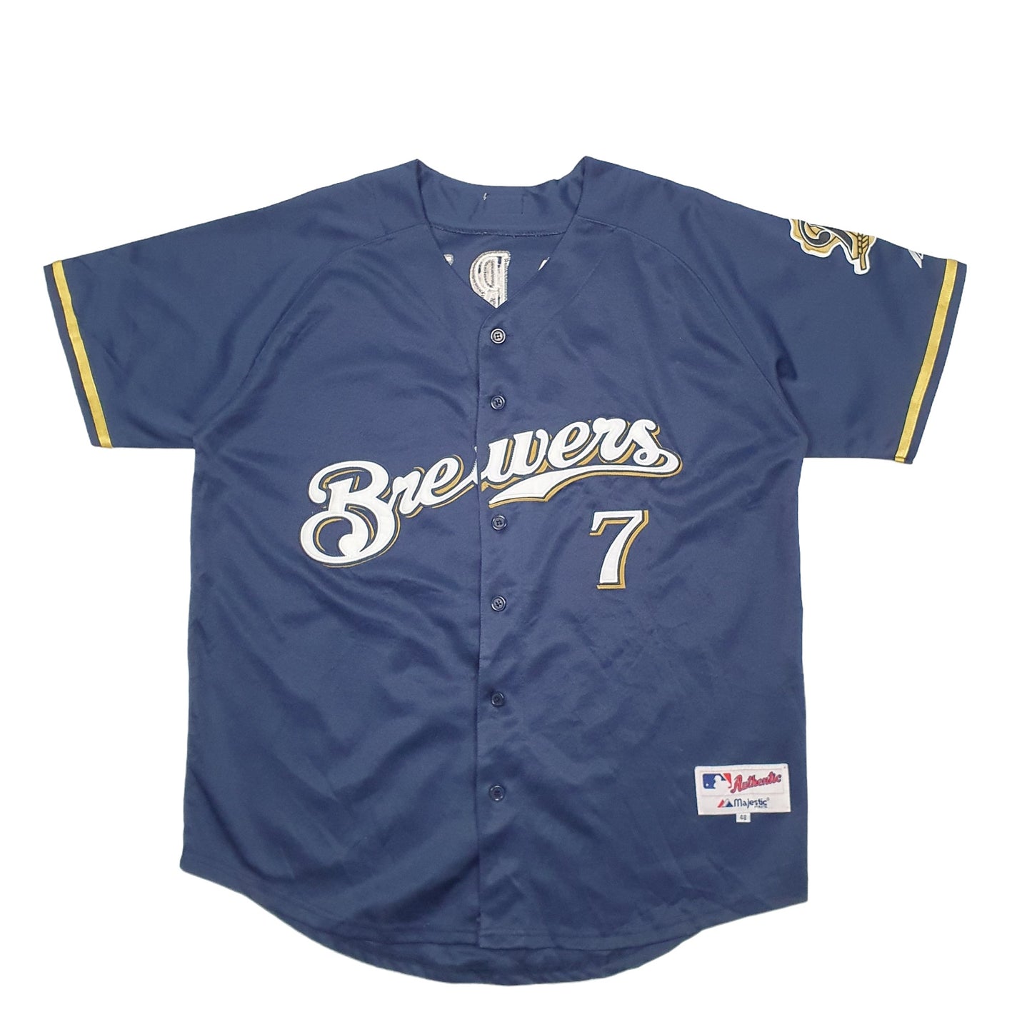 Mens Navy Majestic MLB Baseball Jersey Milwaukee Brewers Short Sleeve T Shirt