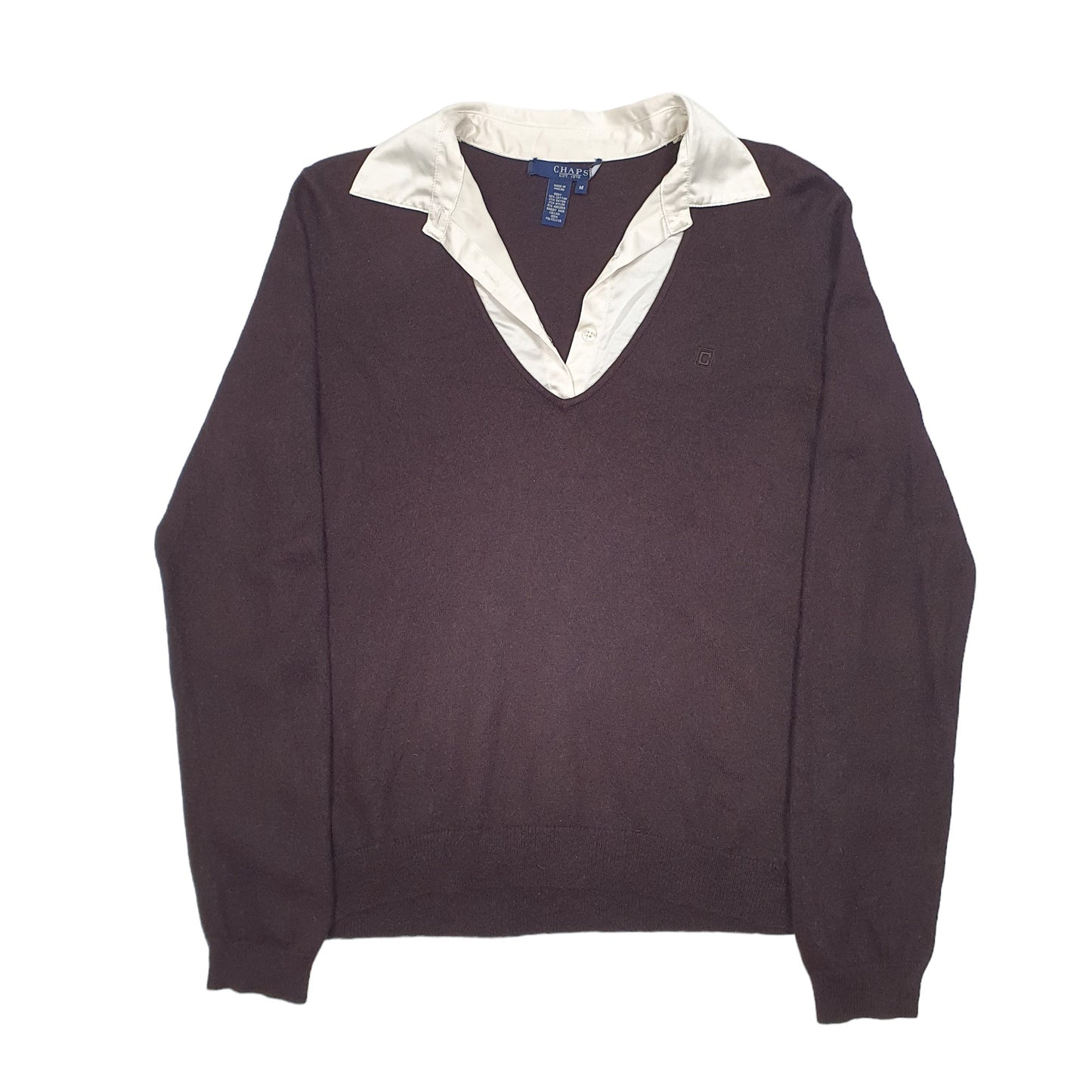 Womens Brown Chaps Knit Collared Blend V Neck Jumper