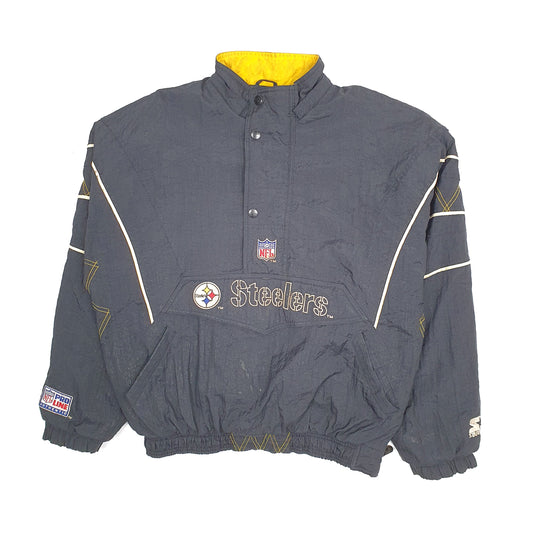 Mens Black Starter Pro Line Vintage 1990s NFL Pittsburgh Steelers Crewneck Coat